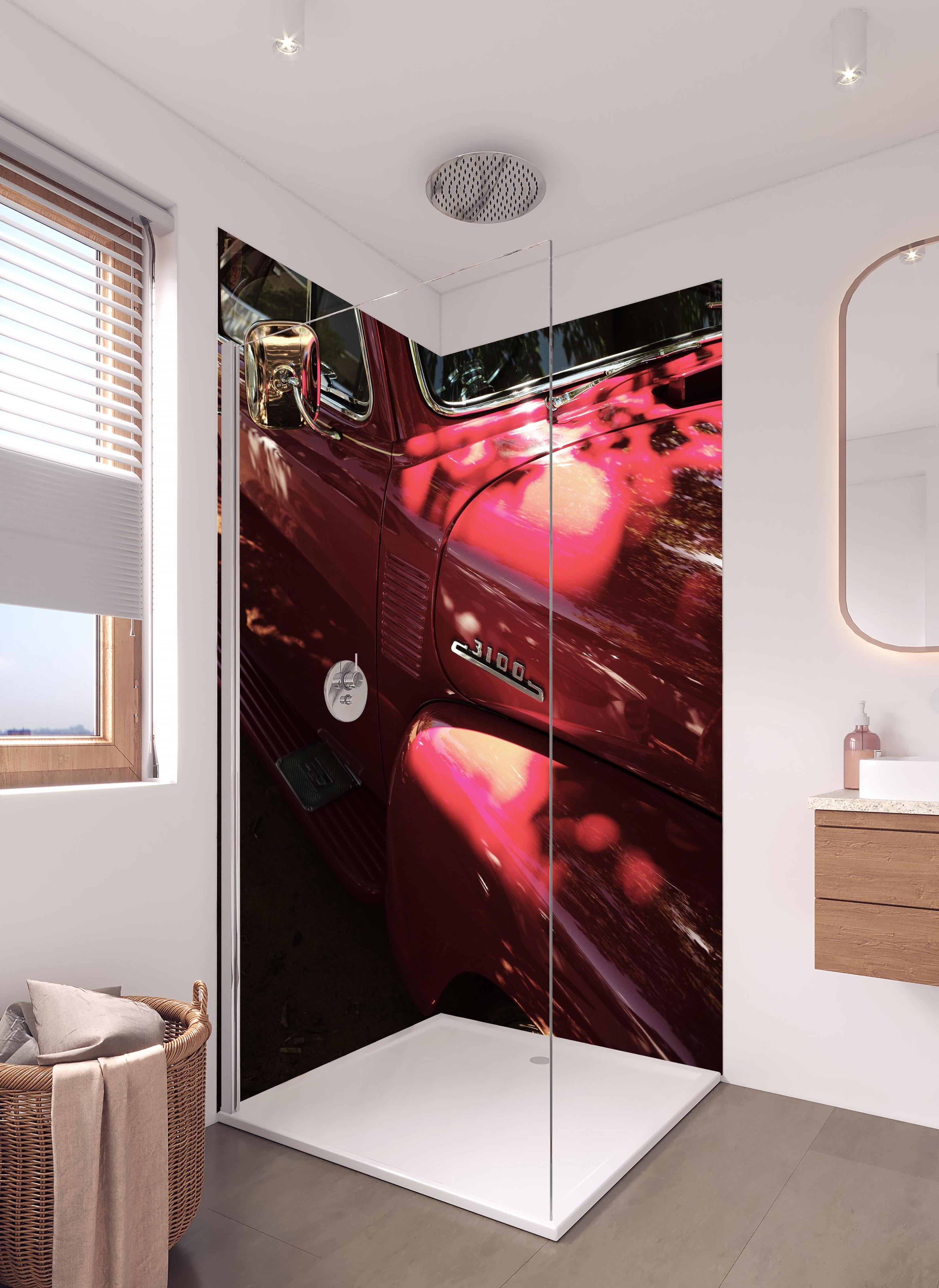 Duschrückwand - Chevrolet Nahaufnahme 2 in hellem Badezimmer mit Regenduschkopf - zweiteilige Eck-Duschrückwand