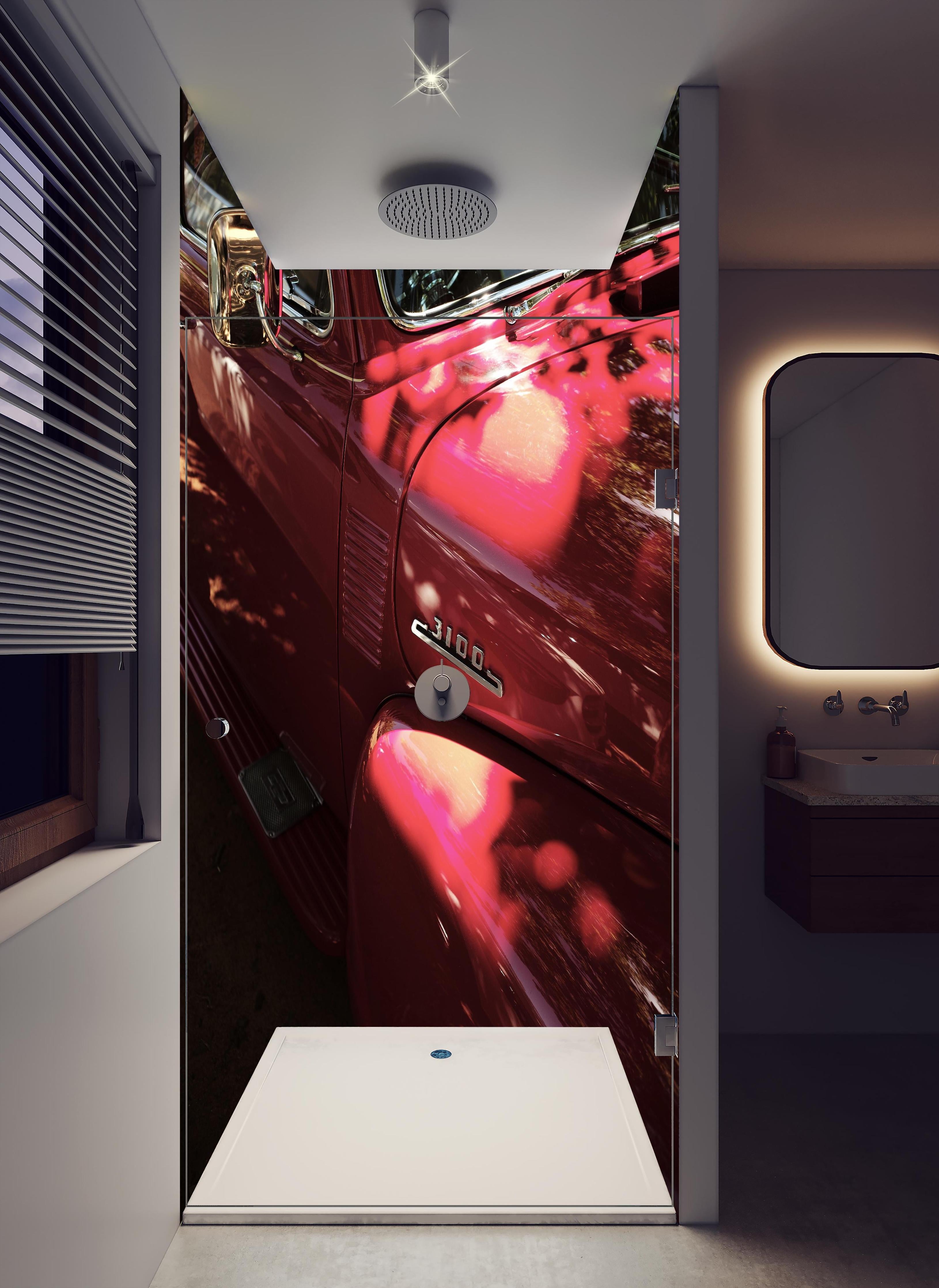 Duschrückwand - Chevrolet Nahaufnahme 2 in hellem Badezimmer mit Regenduschkopf - zweiteilige Eck-Duschrückwand