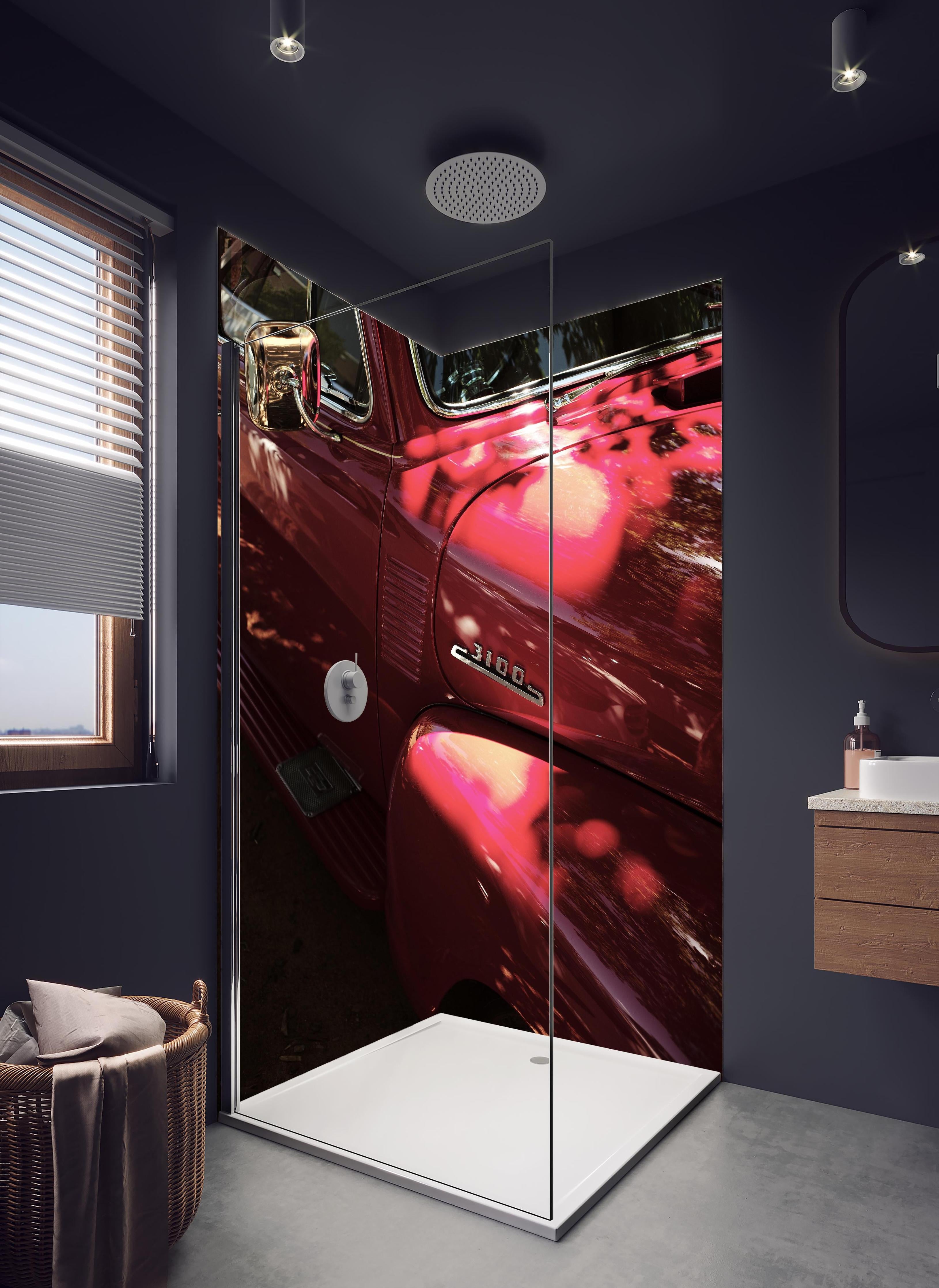 Duschrückwand - Chevrolet Nahaufnahme 2 in hellem Badezimmer mit Regenduschkopf - zweiteilige Eck-Duschrückwand