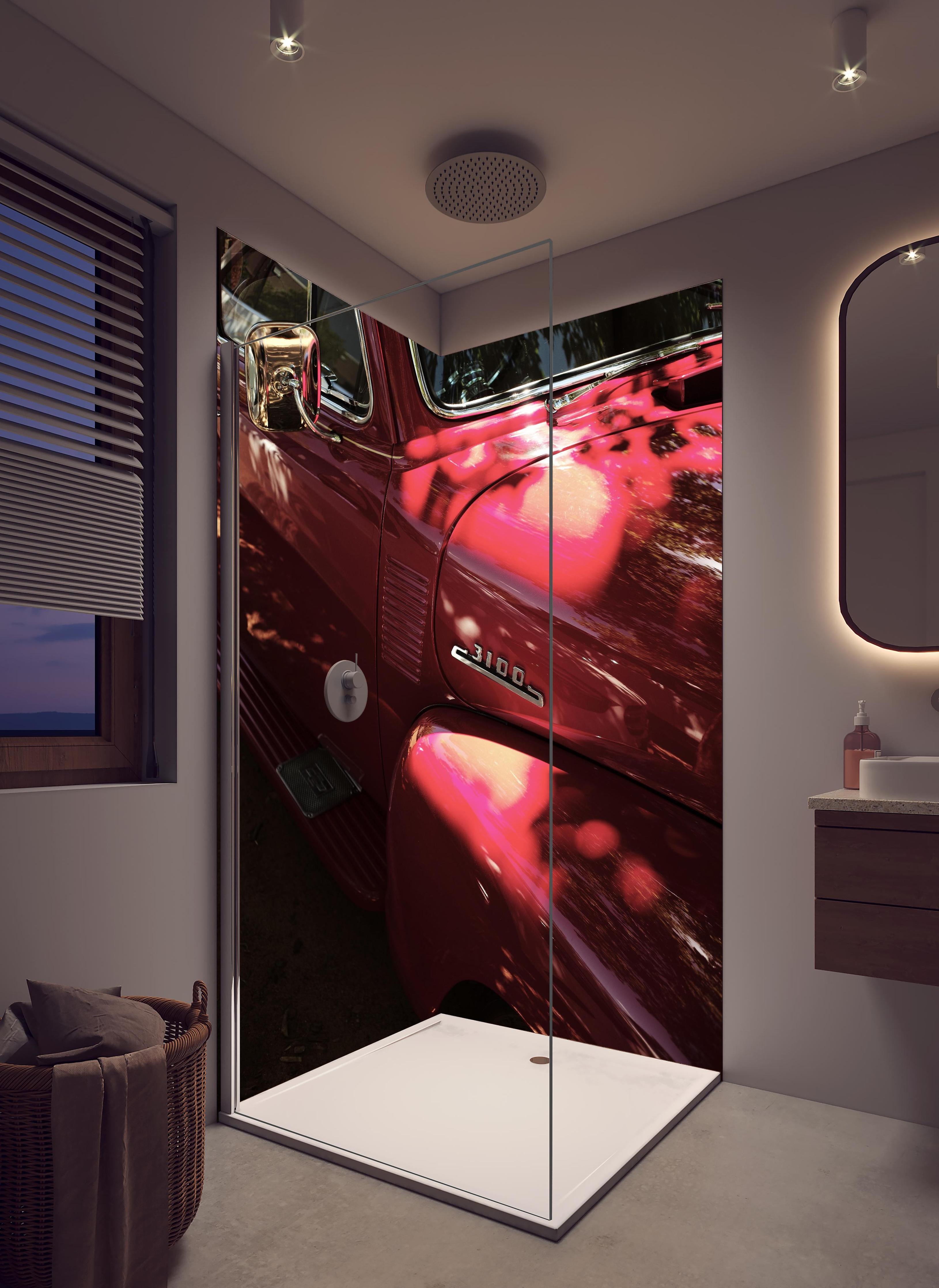 Duschrückwand - Chevrolet Nahaufnahme 2 in hellem Badezimmer mit Regenduschkopf - zweiteilige Eck-Duschrückwand