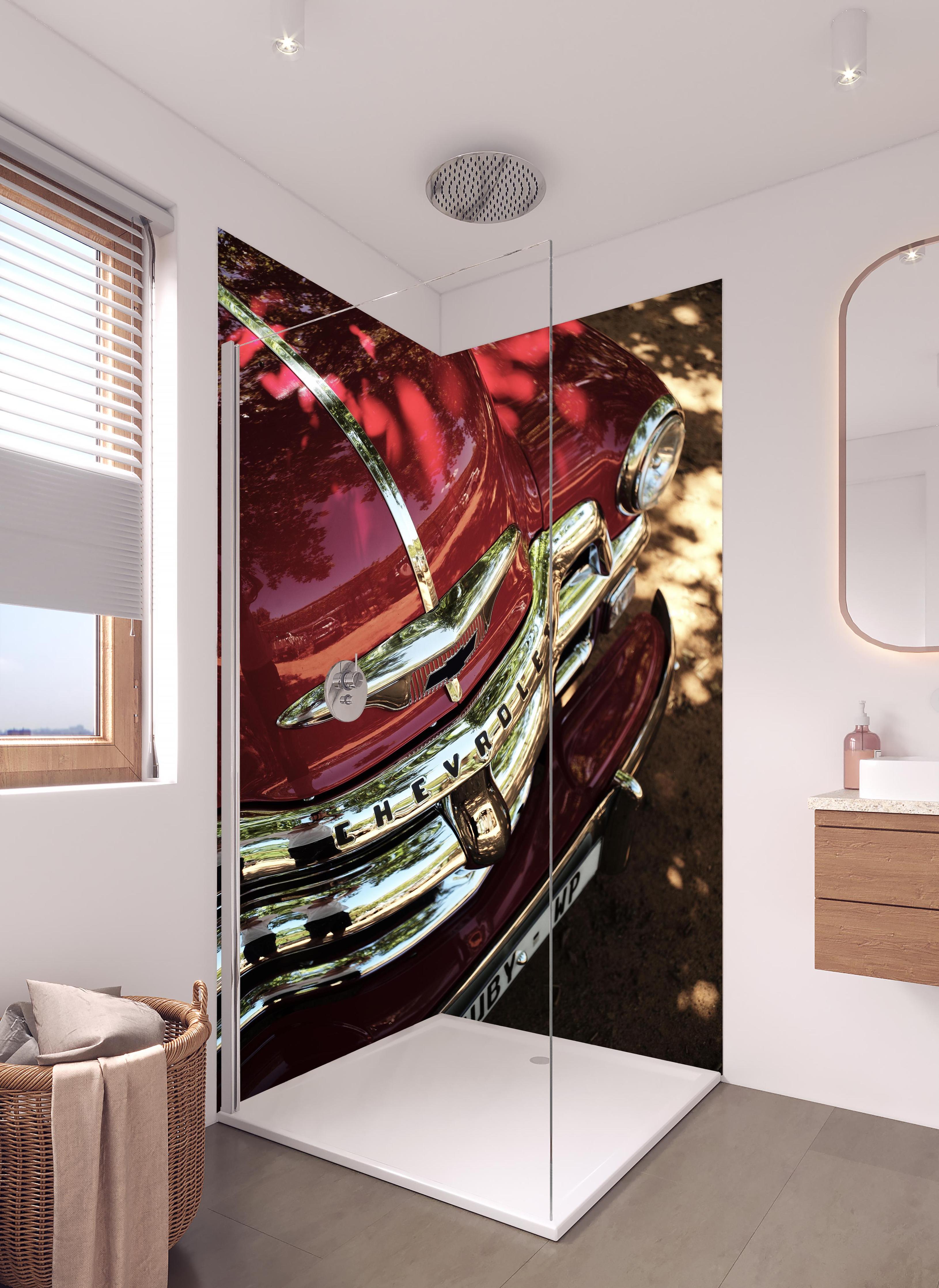 Duschrückwand - Chevrolet Nahaufnahme 3 in hellem Badezimmer mit Regenduschkopf - zweiteilige Eck-Duschrückwand