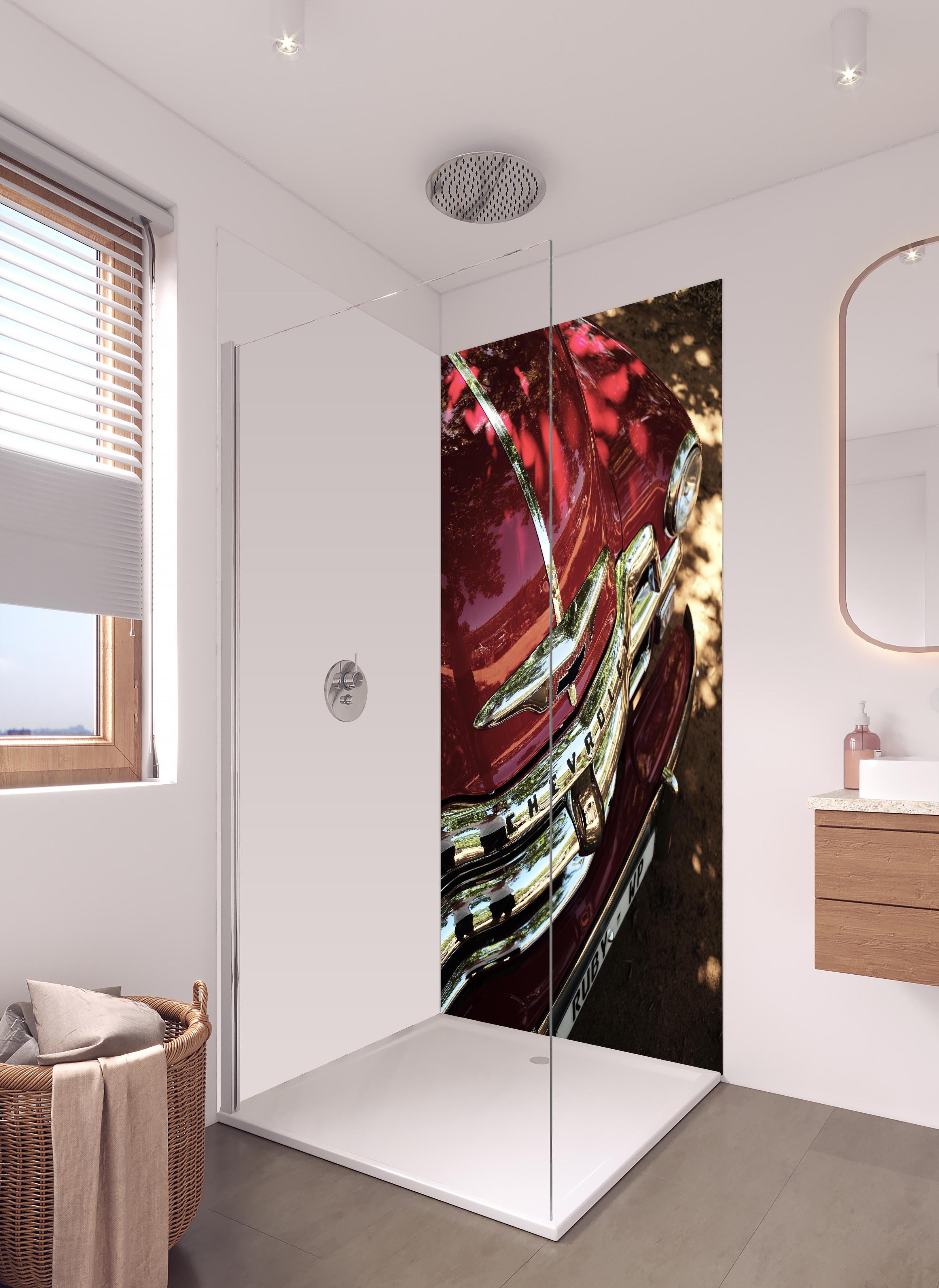 Duschrückwand - Chevrolet Nahaufnahme 3 in hellem Badezimmer mit Regenduschkopf - zweiteilige Eck-Duschrückwand