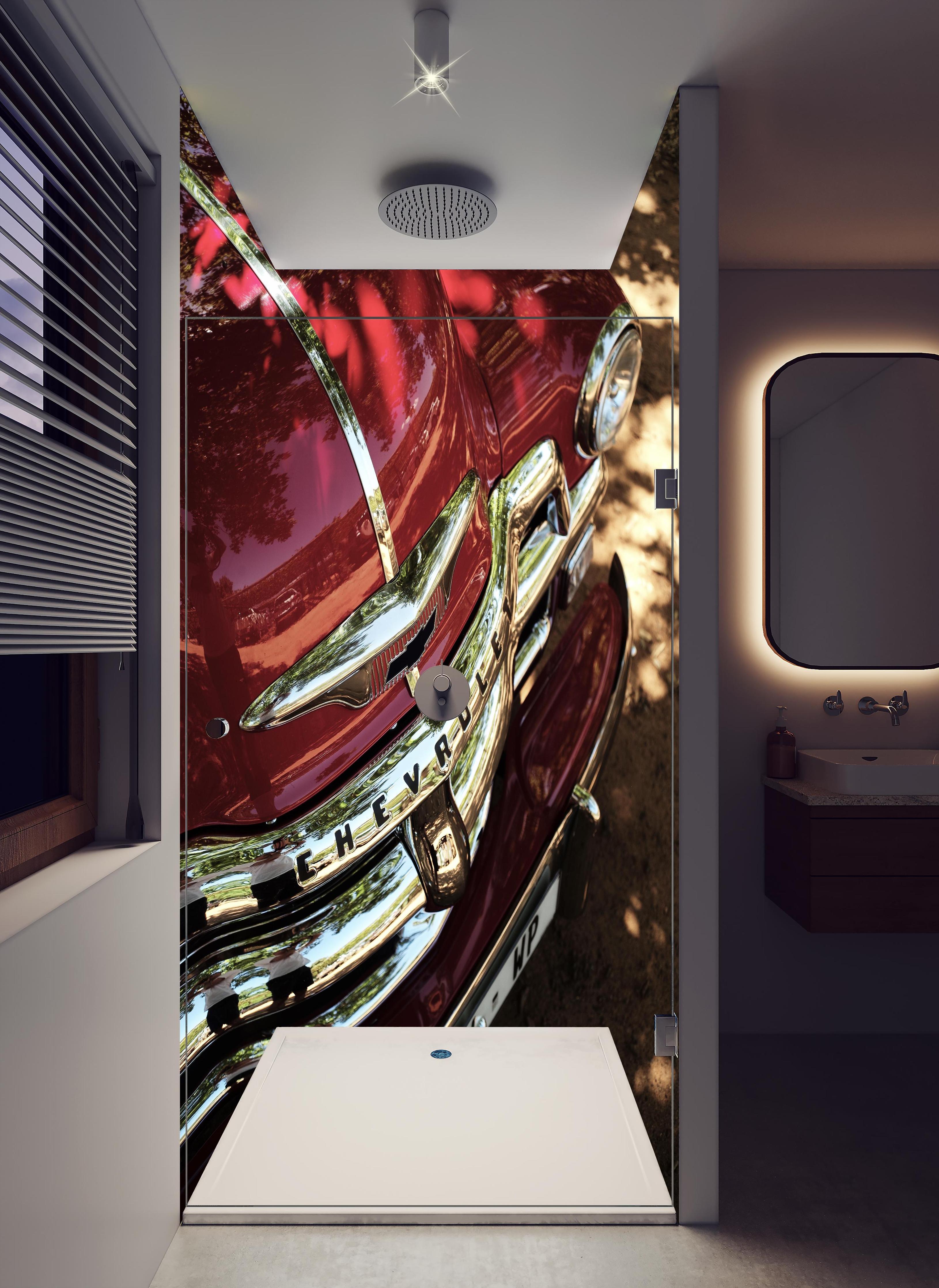 Duschrückwand - Chevrolet Nahaufnahme 3 in hellem Badezimmer mit Regenduschkopf - zweiteilige Eck-Duschrückwand