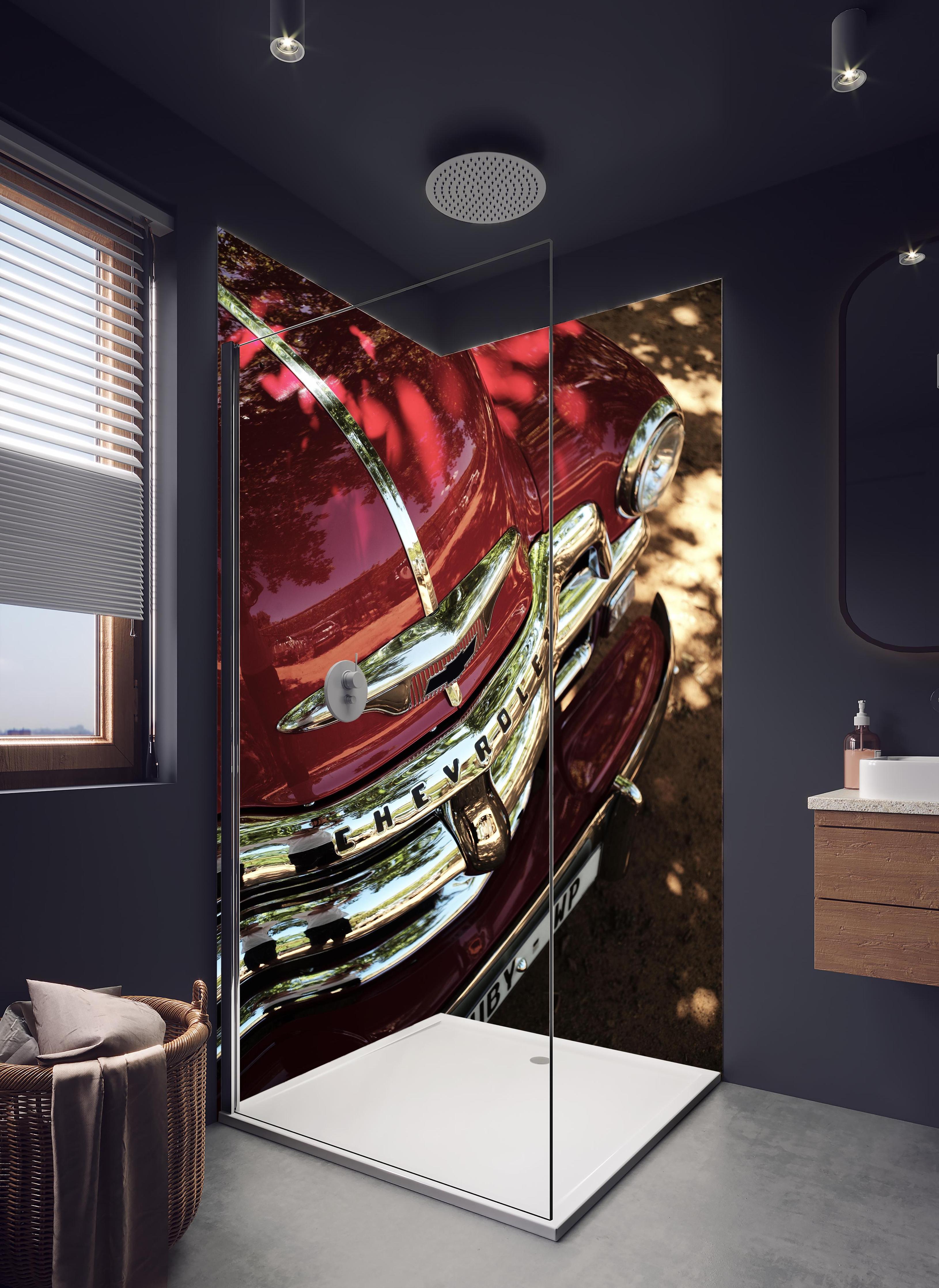 Duschrückwand - Chevrolet Nahaufnahme 3 in hellem Badezimmer mit Regenduschkopf - zweiteilige Eck-Duschrückwand
