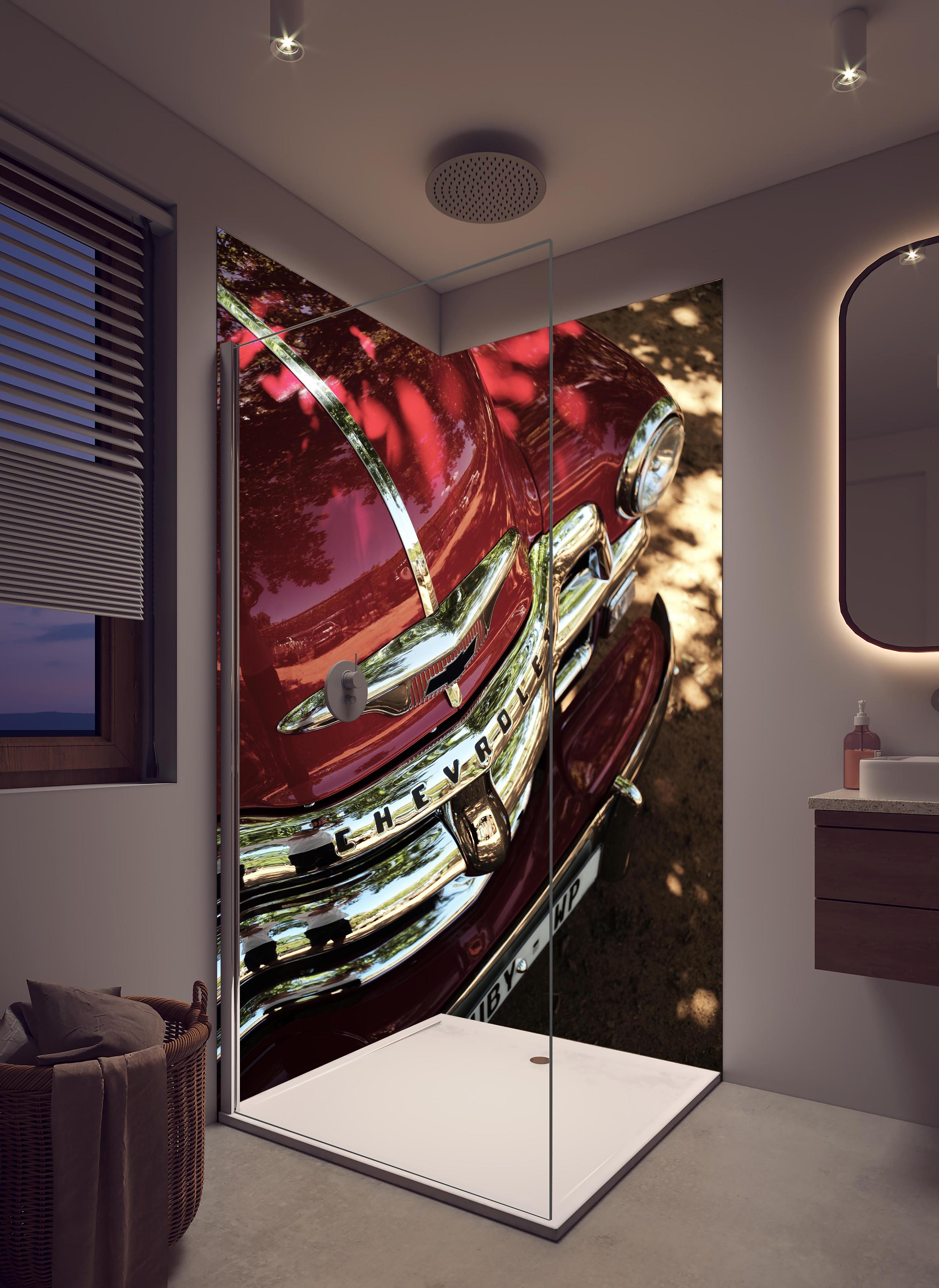 Duschrückwand - Chevrolet Nahaufnahme 3 in hellem Badezimmer mit Regenduschkopf - zweiteilige Eck-Duschrückwand