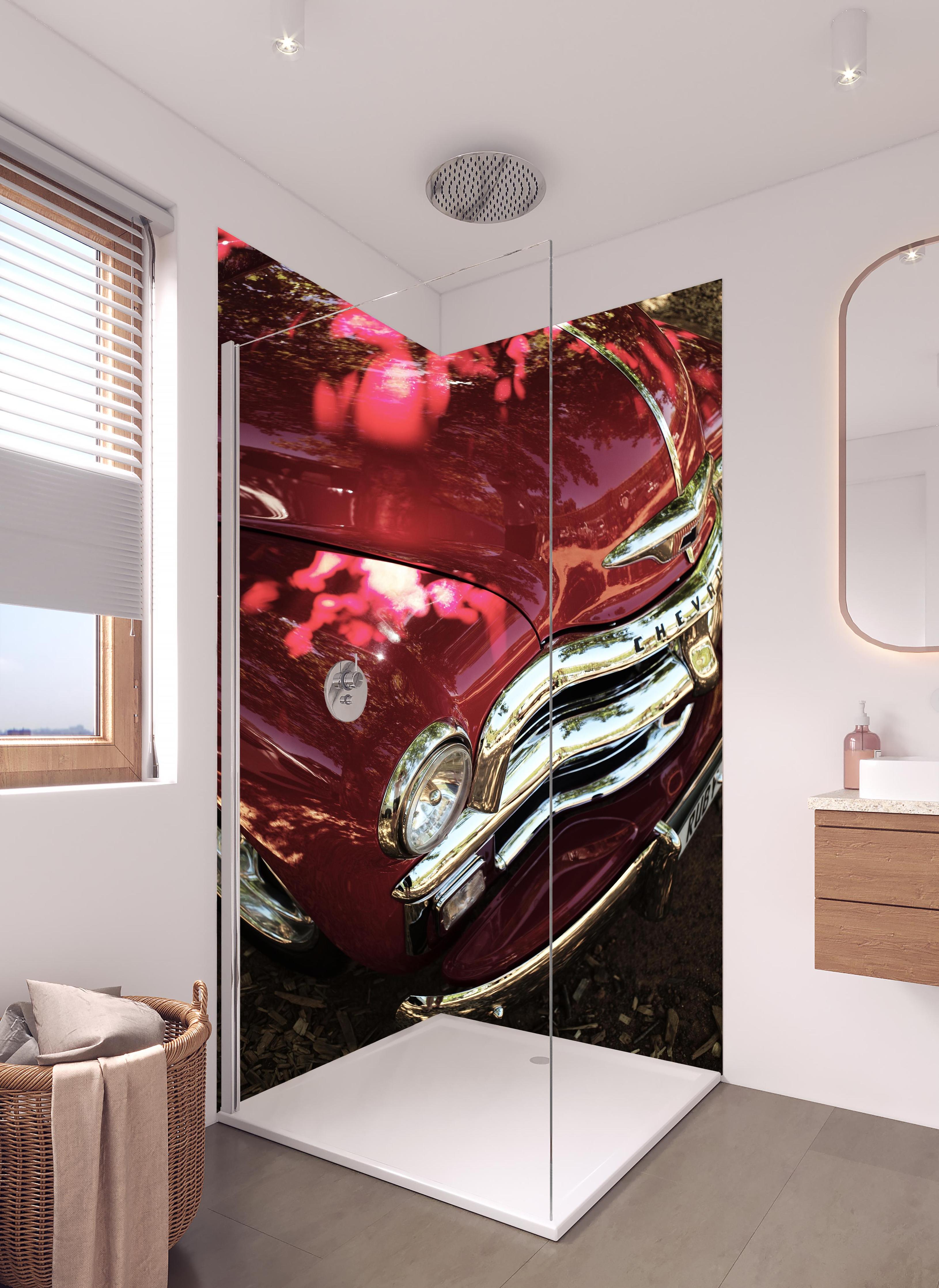Duschrückwand - Chevrolet Nahaufnahme in hellem Badezimmer mit Regenduschkopf - zweiteilige Eck-Duschrückwand