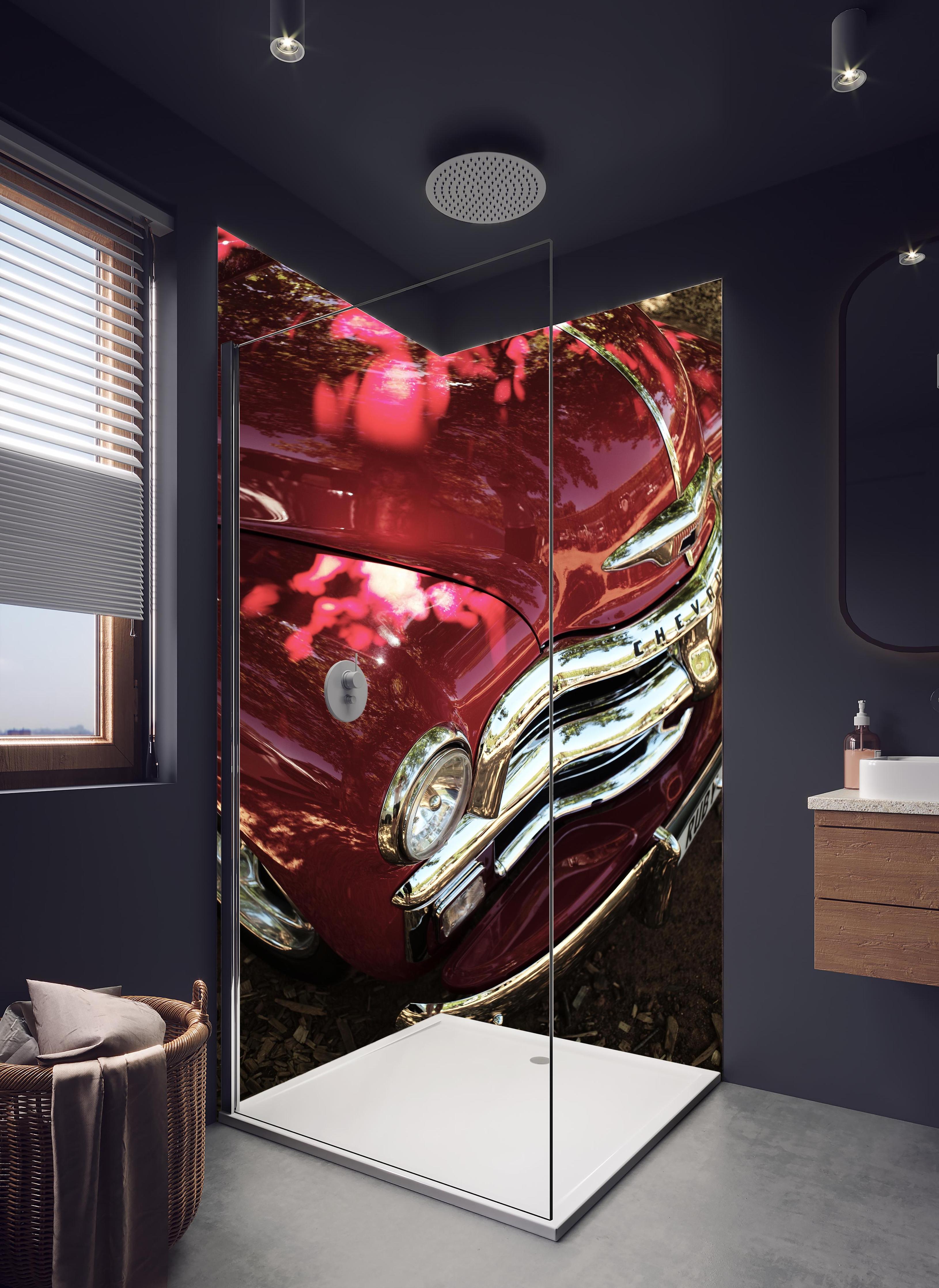 Duschrückwand - Chevrolet Nahaufnahme in hellem Badezimmer mit Regenduschkopf - zweiteilige Eck-Duschrückwand