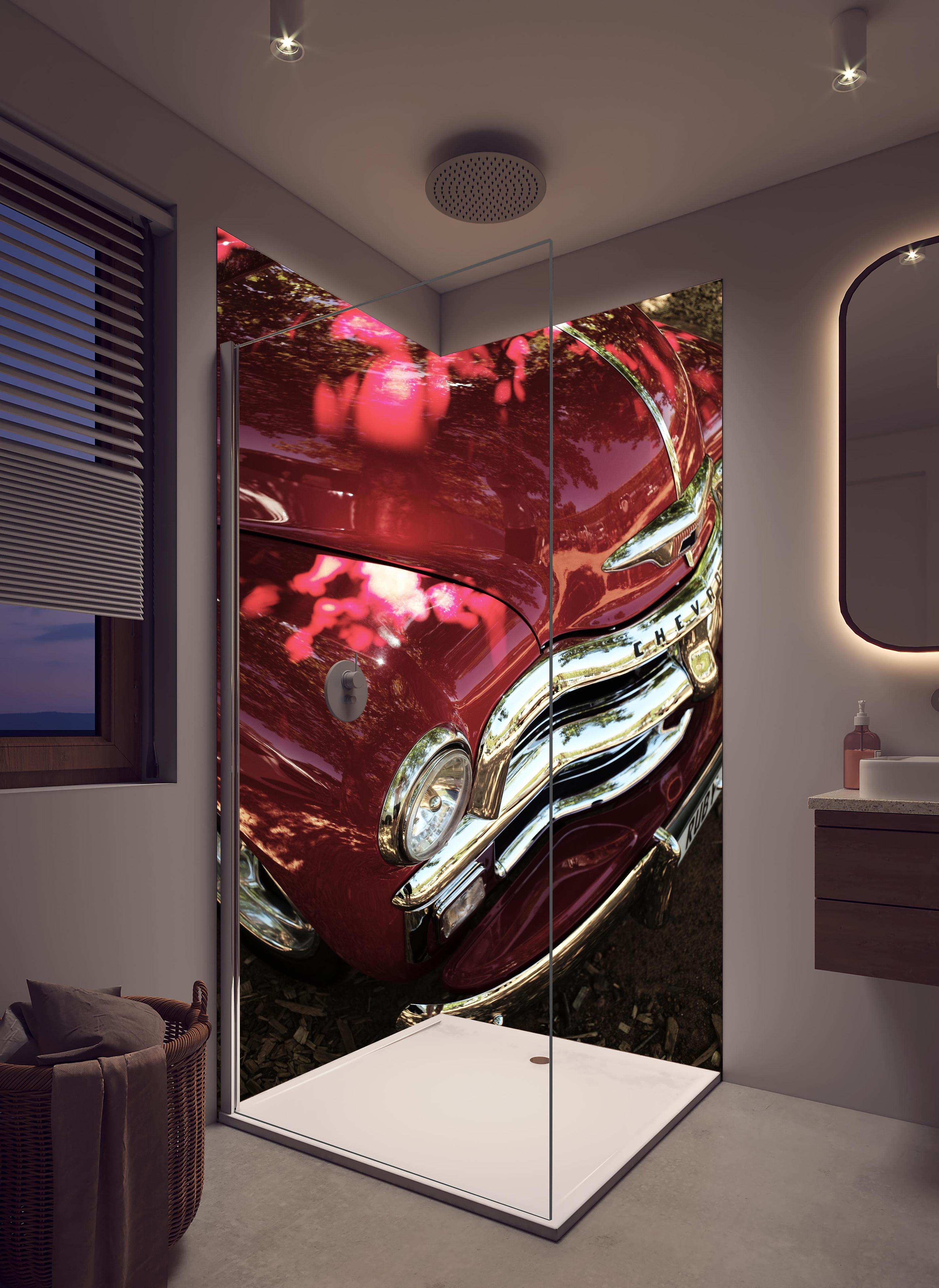 Duschrückwand - Chevrolet Nahaufnahme in hellem Badezimmer mit Regenduschkopf - zweiteilige Eck-Duschrückwand