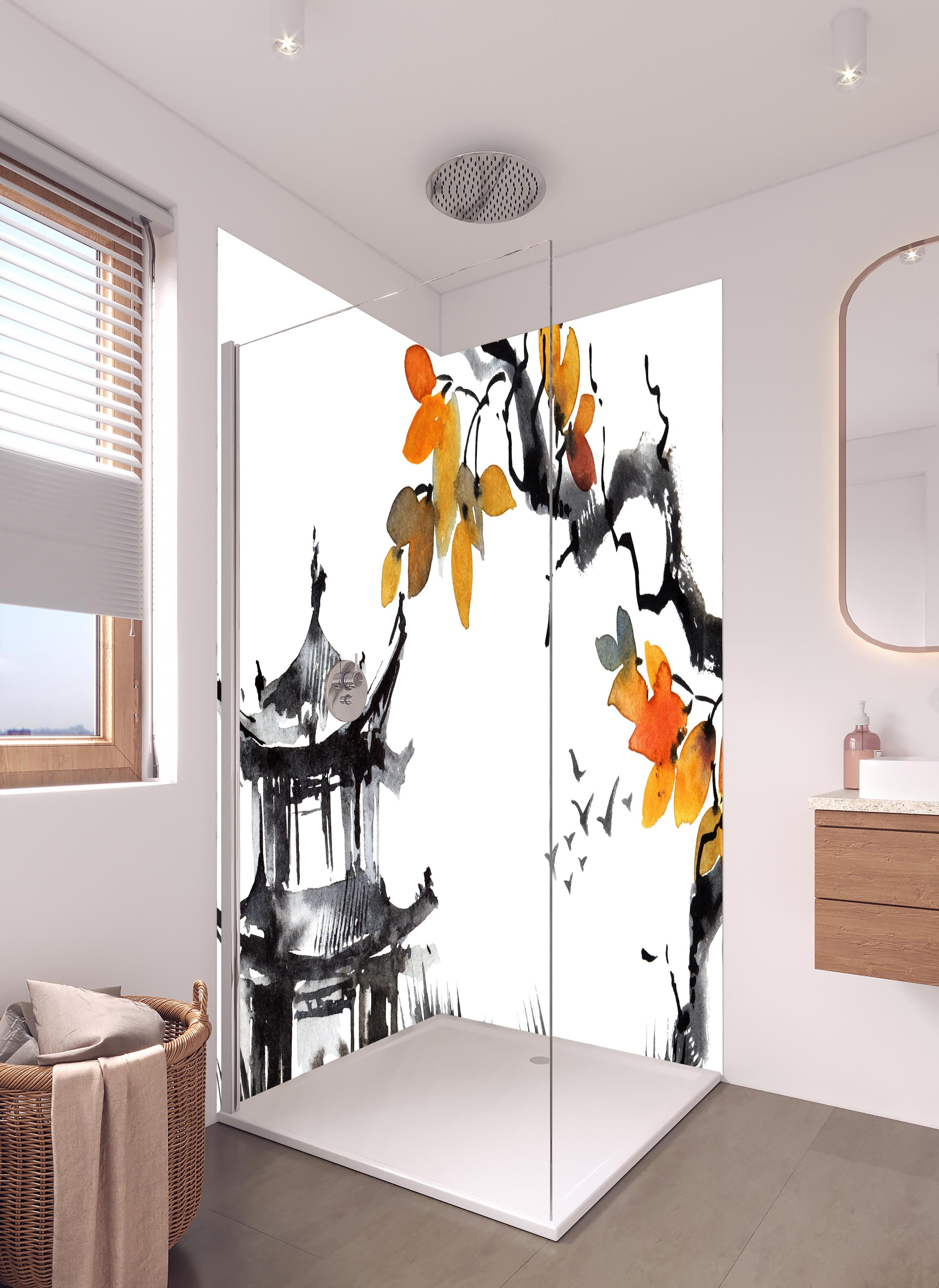 Duschrückwand - Chinesische Landschaft - Aquarell in hellem Badezimmer mit Regenduschkopf - zweiteilige Eck-Duschrückwand