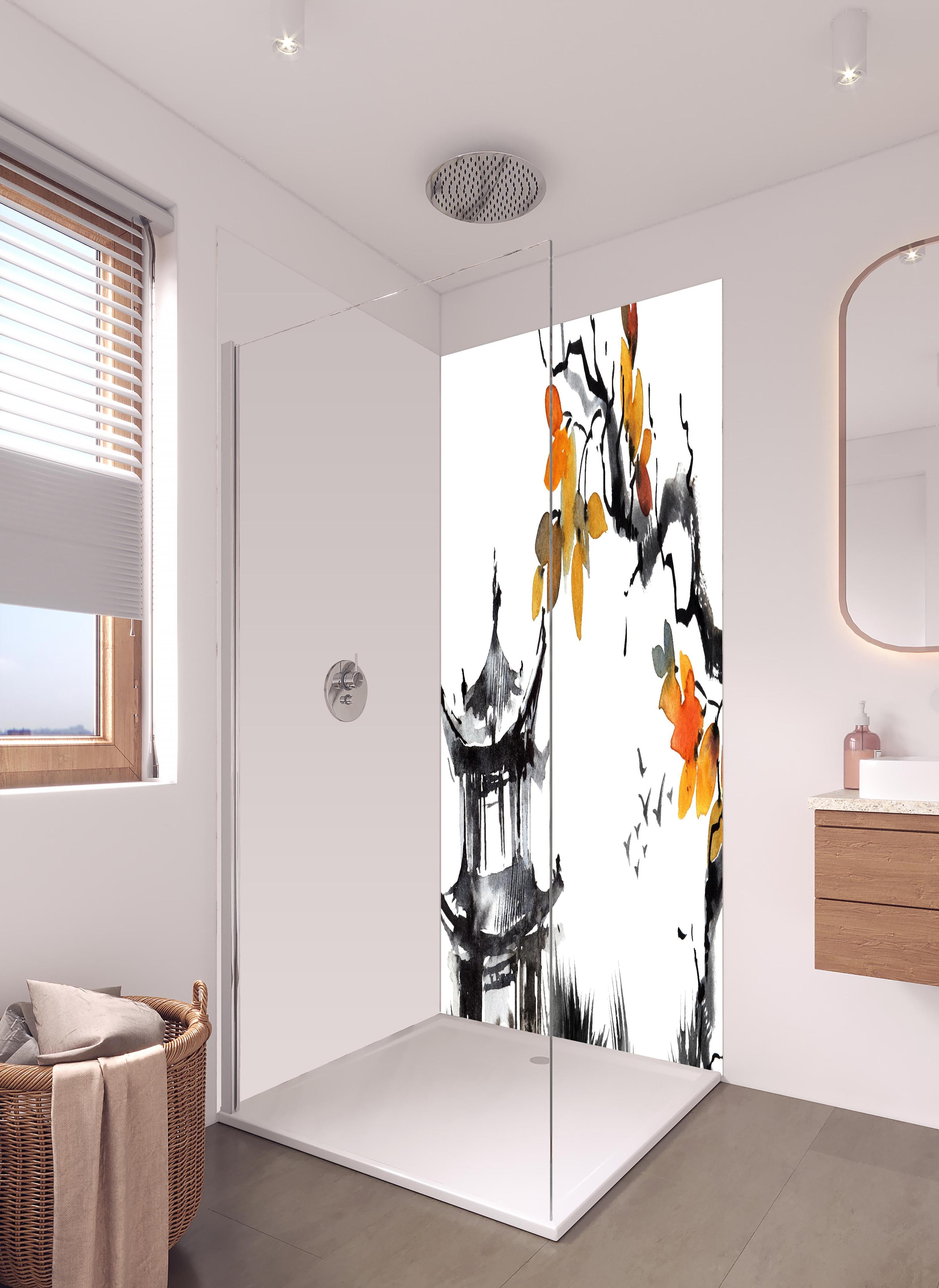 Duschrückwand - Chinesische Landschaft - Aquarell in hellem Badezimmer mit Regenduschkopf - zweiteilige Eck-Duschrückwand