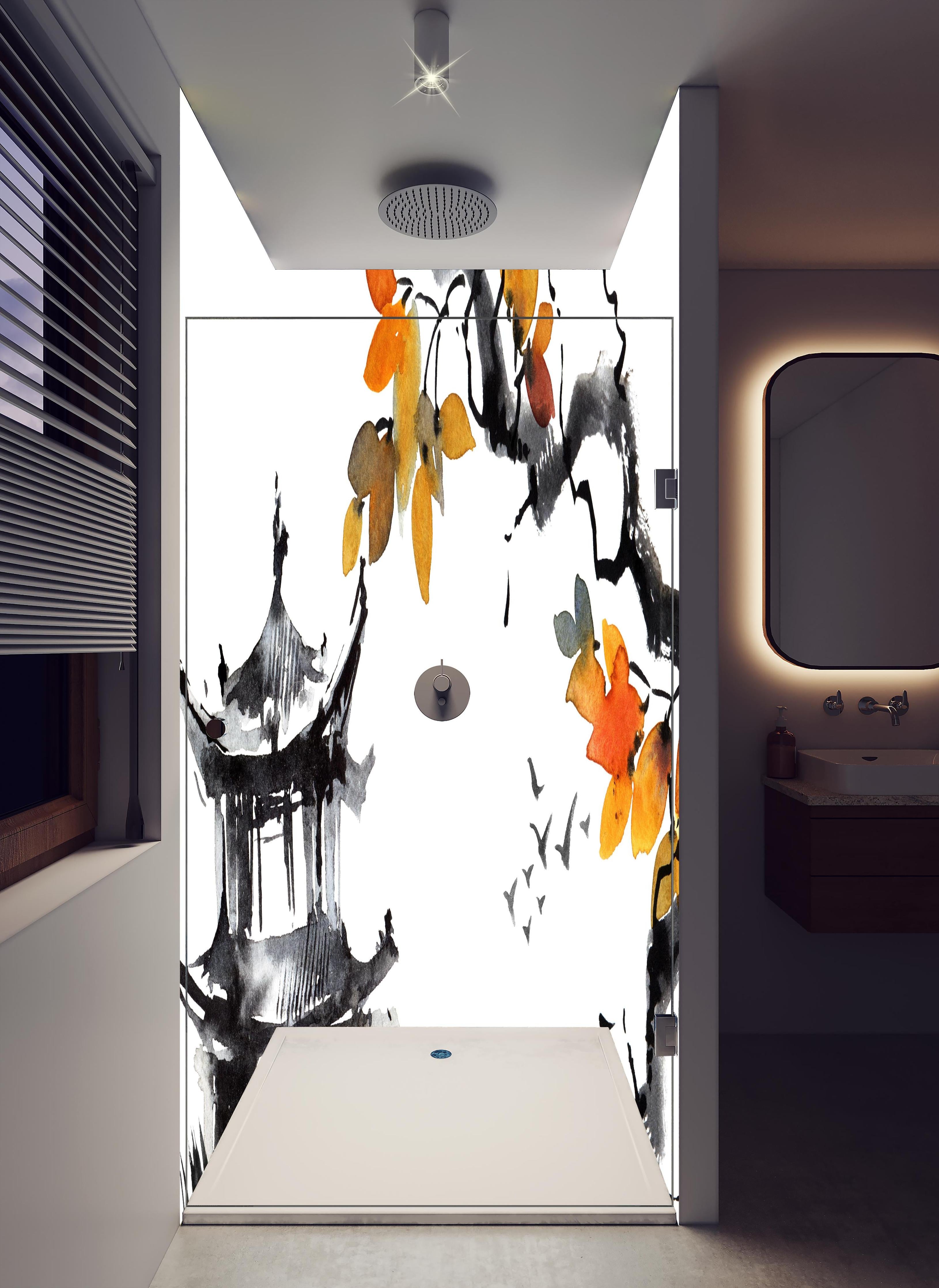 Duschrückwand - Chinesische Landschaft - Aquarell in hellem Badezimmer mit Regenduschkopf - zweiteilige Eck-Duschrückwand