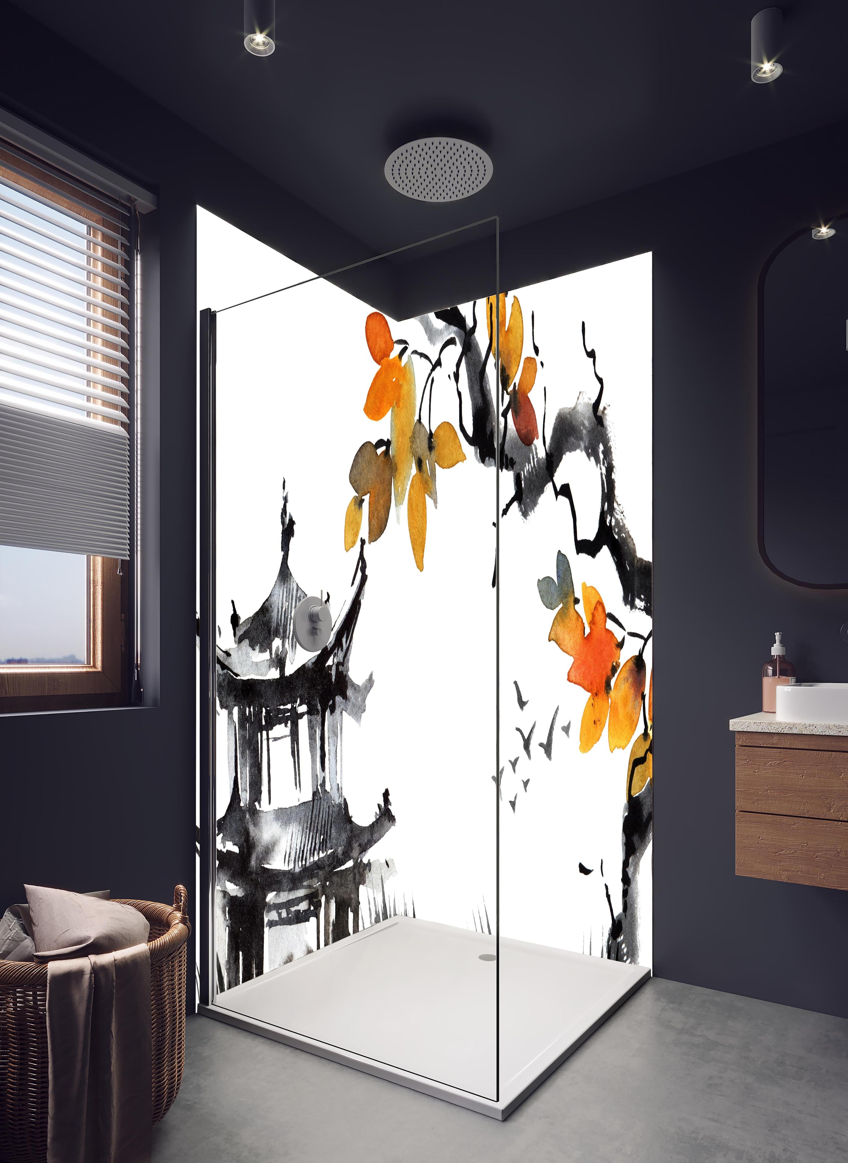 Duschrückwand - Chinesische Landschaft - Aquarell in hellem Badezimmer mit Regenduschkopf - zweiteilige Eck-Duschrückwand