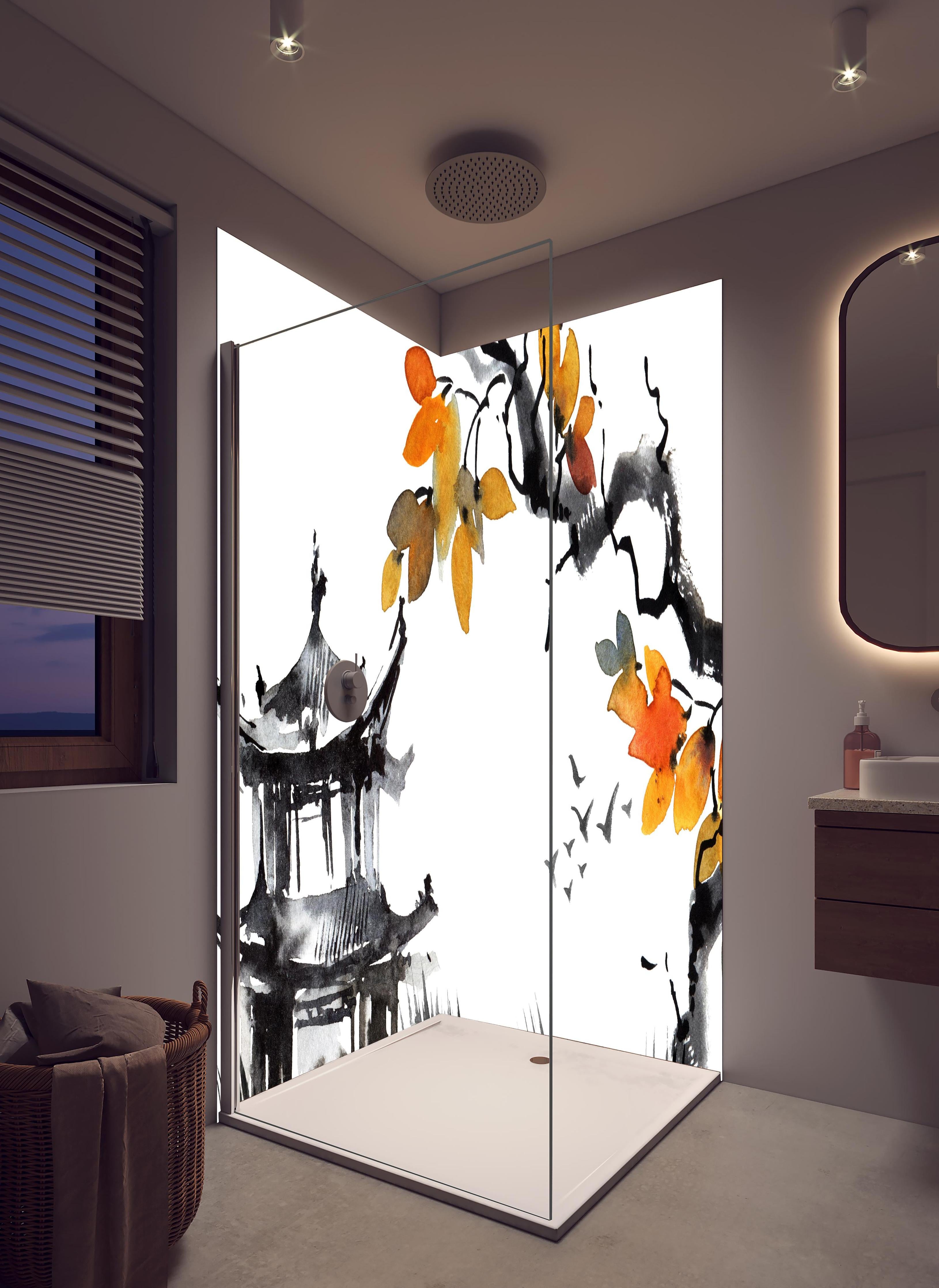 Duschrückwand - Chinesische Landschaft - Aquarell in hellem Badezimmer mit Regenduschkopf - zweiteilige Eck-Duschrückwand