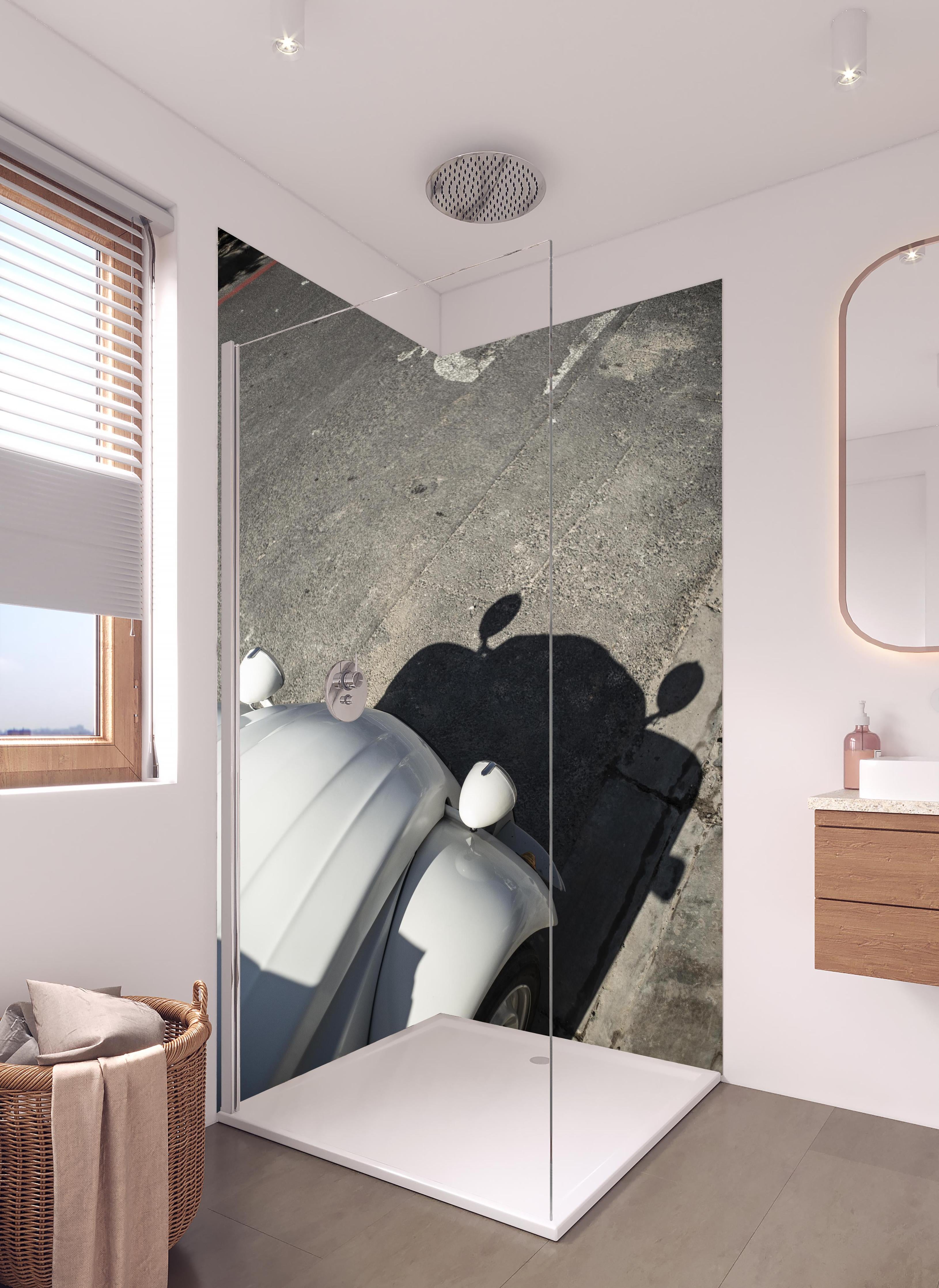 Duschrückwand - Citroen 2cv in hellem Badezimmer mit Regenduschkopf - zweiteilige Eck-Duschrückwand