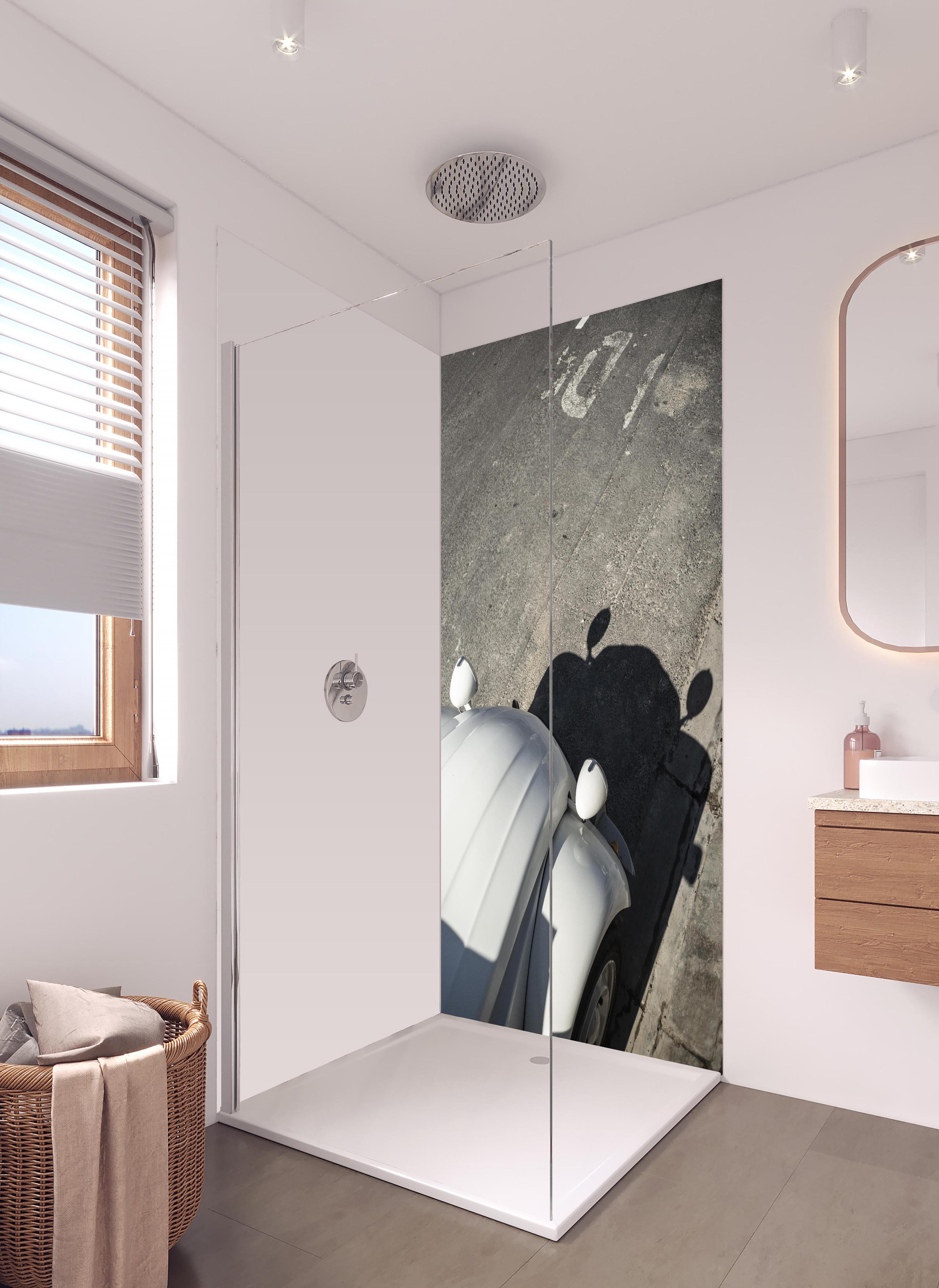 Duschrückwand - Citroen 2cv in hellem Badezimmer mit Regenduschkopf - zweiteilige Eck-Duschrückwand