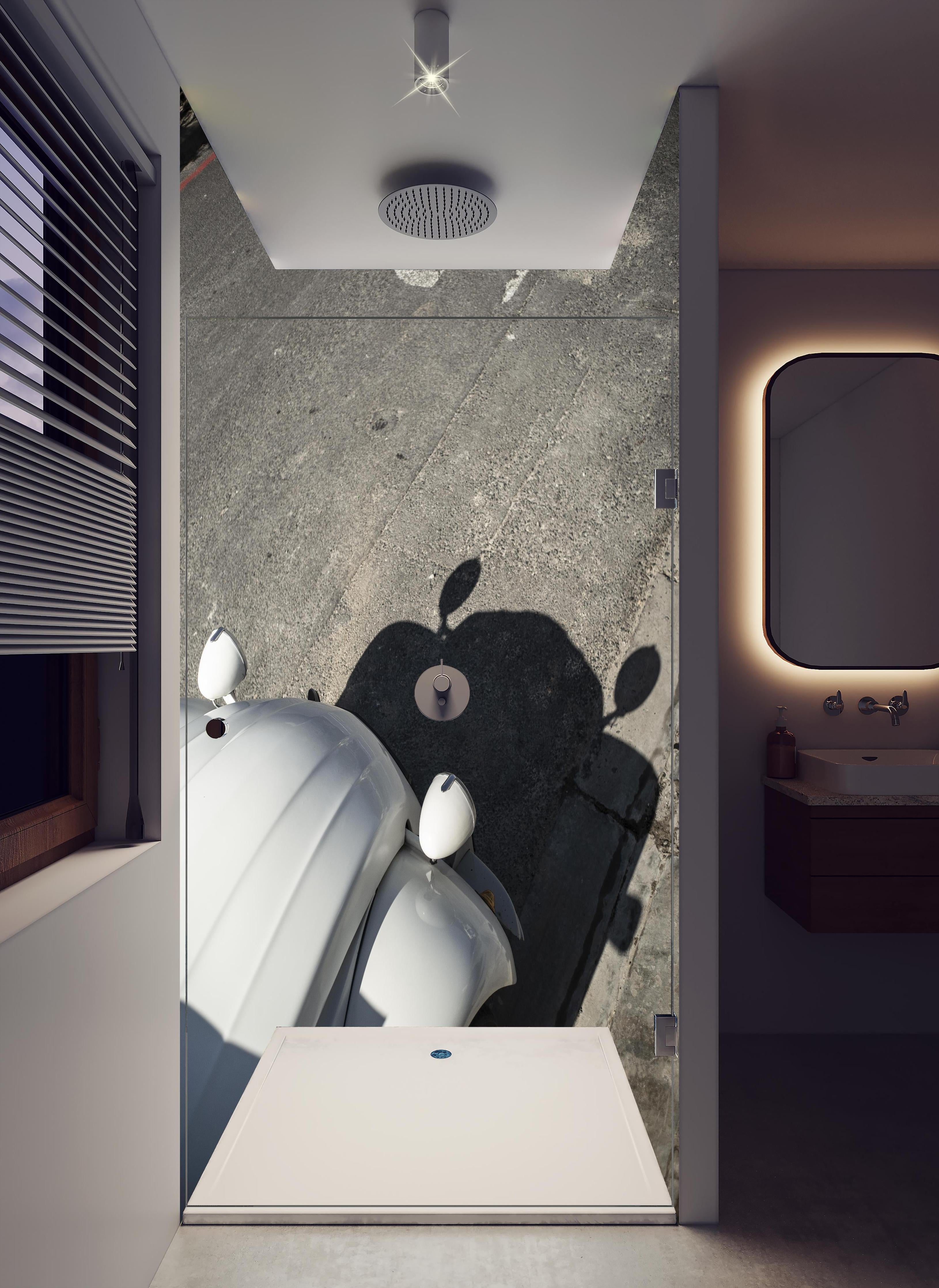 Duschrückwand - Citroen 2cv in hellem Badezimmer mit Regenduschkopf - zweiteilige Eck-Duschrückwand