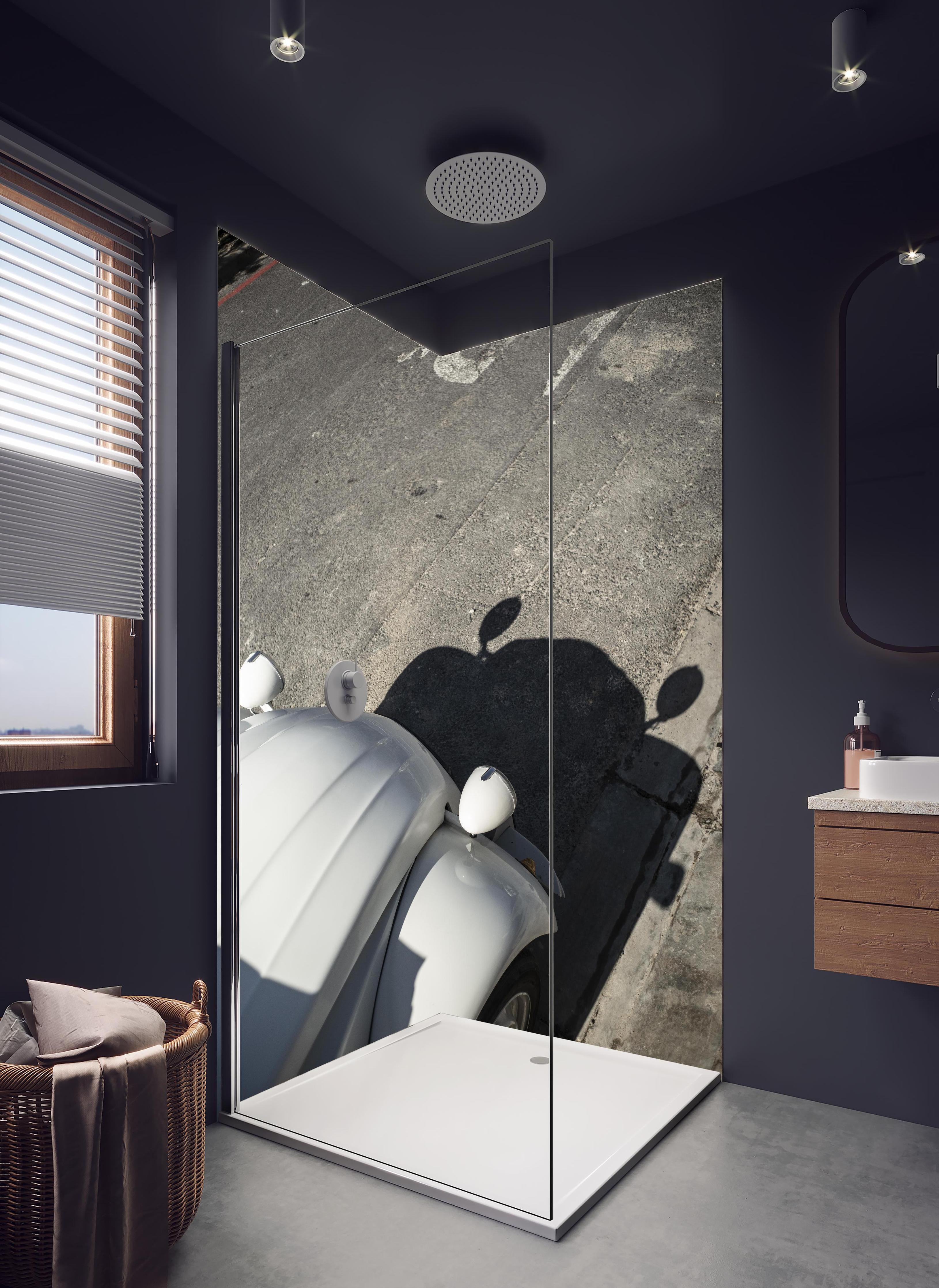 Duschrückwand - Citroen 2cv in hellem Badezimmer mit Regenduschkopf - zweiteilige Eck-Duschrückwand