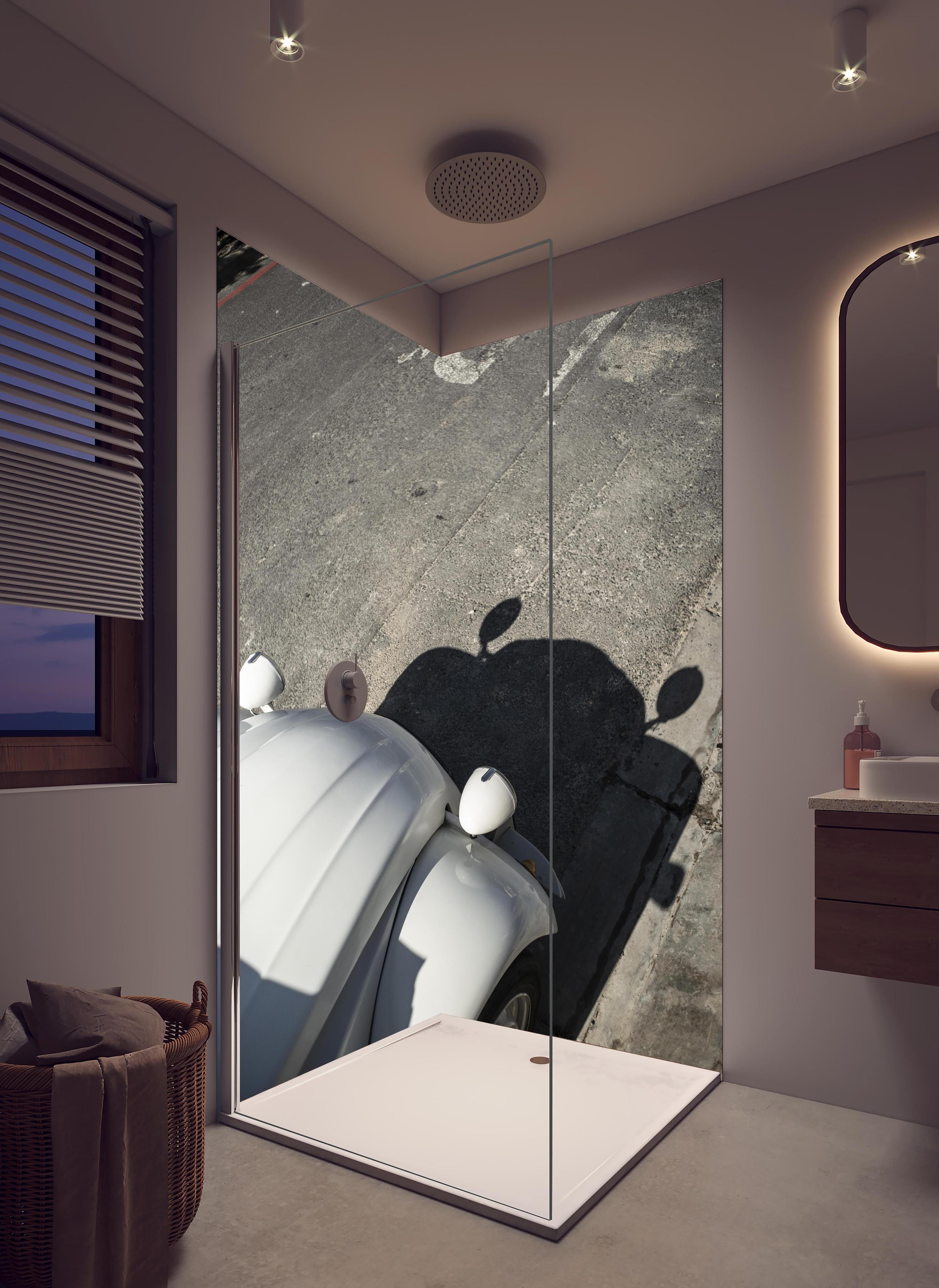 Duschrückwand - Citroen 2cv in hellem Badezimmer mit Regenduschkopf - zweiteilige Eck-Duschrückwand