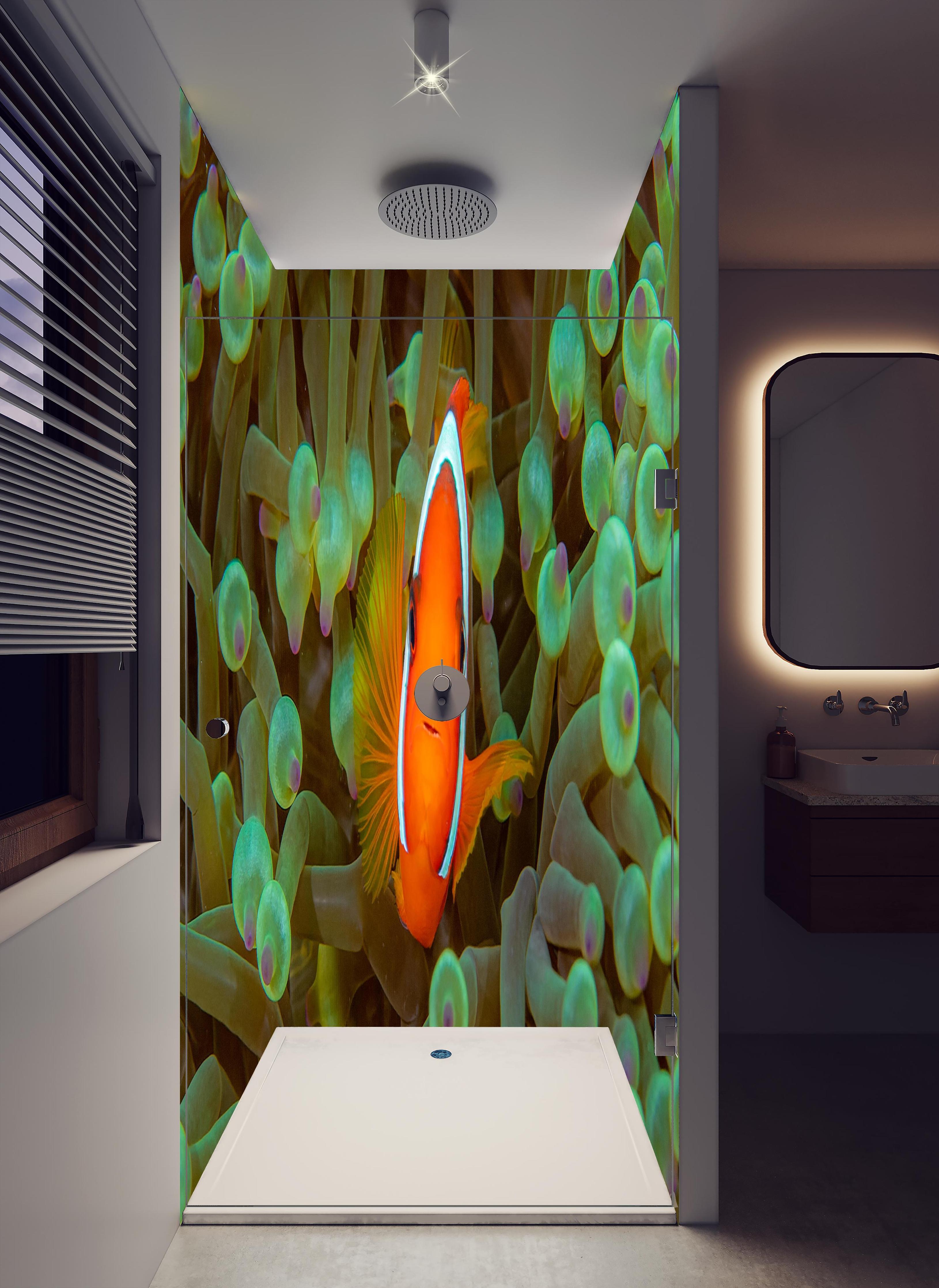 Duschrückwand - Clownfisch - Unterwasserwelt in hellem Badezimmer mit Regenduschkopf - zweiteilige Eck-Duschrückwand