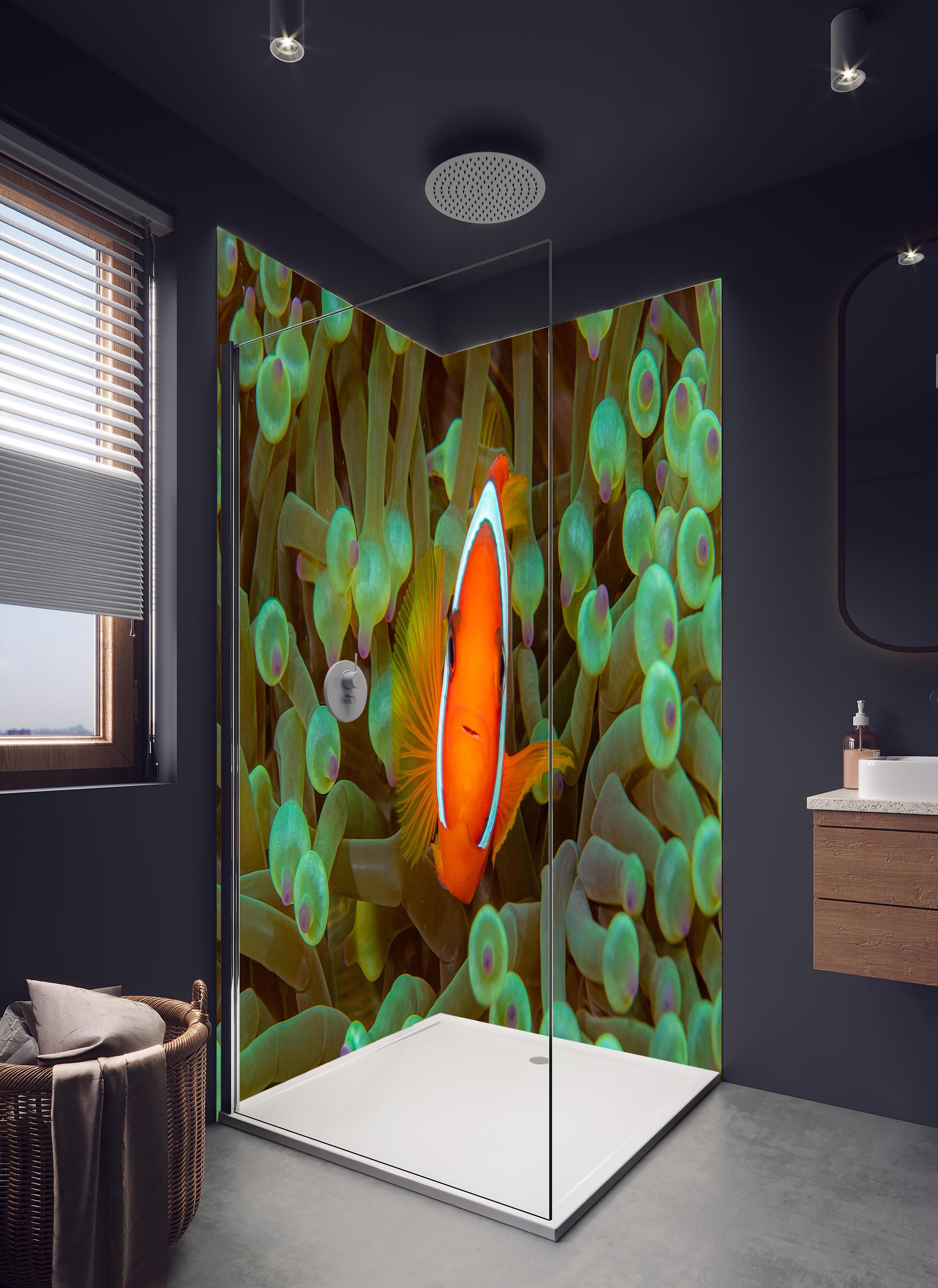 Duschrückwand - Clownfisch - Unterwasserwelt in hellem Badezimmer mit Regenduschkopf - zweiteilige Eck-Duschrückwand