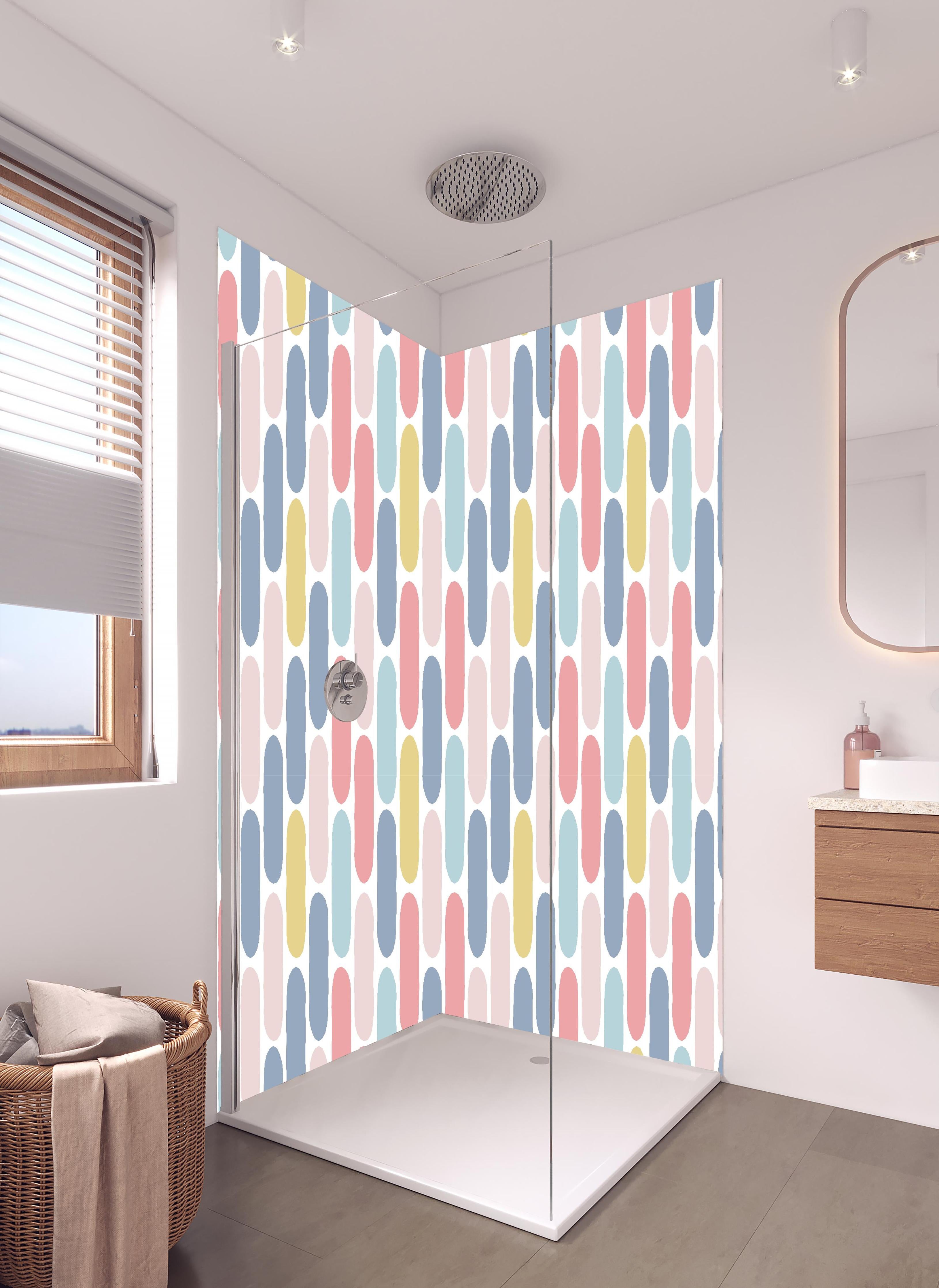 Duschrückwand - Colorful Nordic Abstract Muster Tapete in hellem Badezimmer mit Regenduschkopf - zweiteilige Eck-Duschrückwand