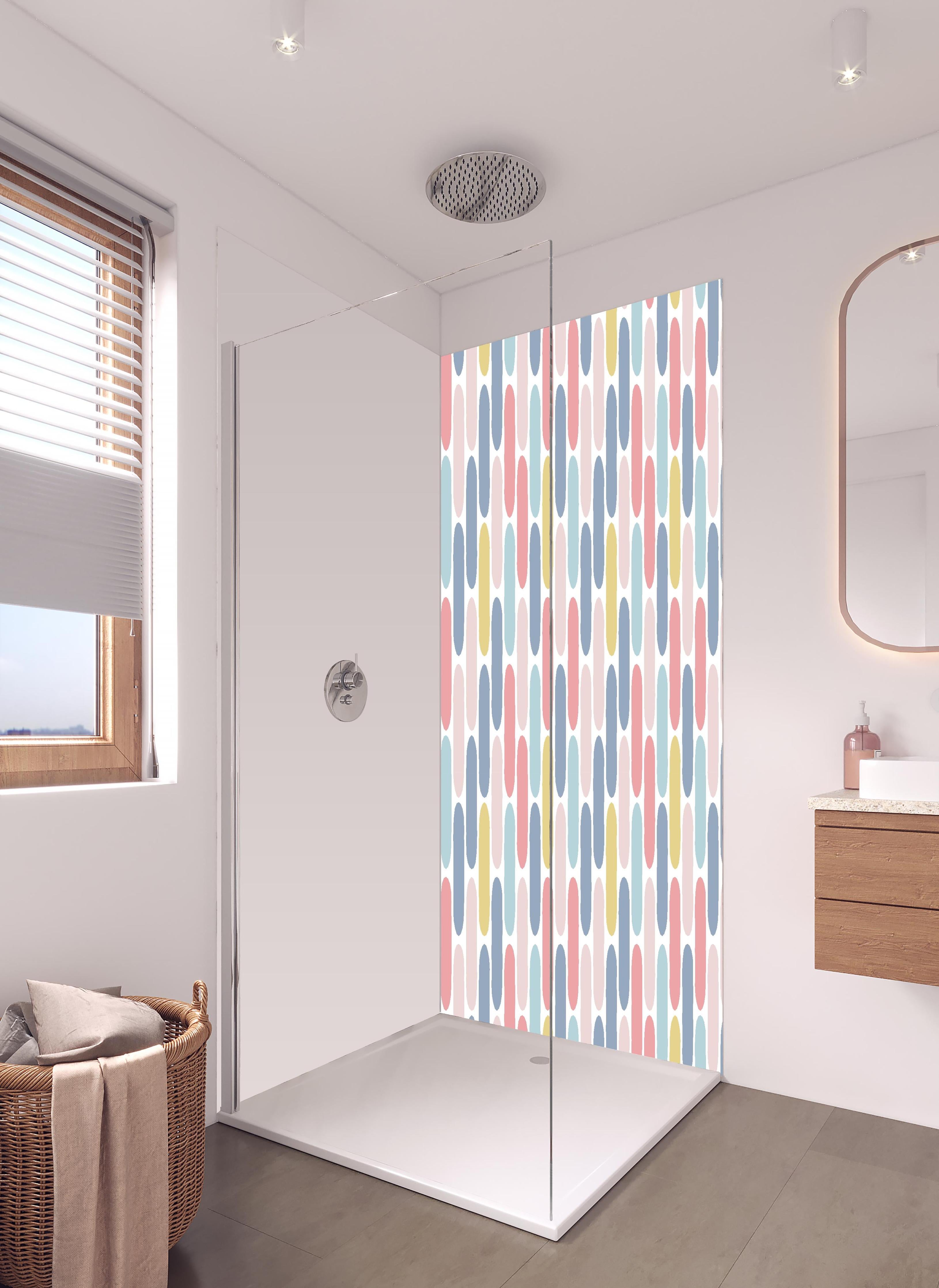Duschrückwand - Colorful Nordic Abstract Muster Tapete in hellem Badezimmer mit Regenduschkopf - zweiteilige Eck-Duschrückwand