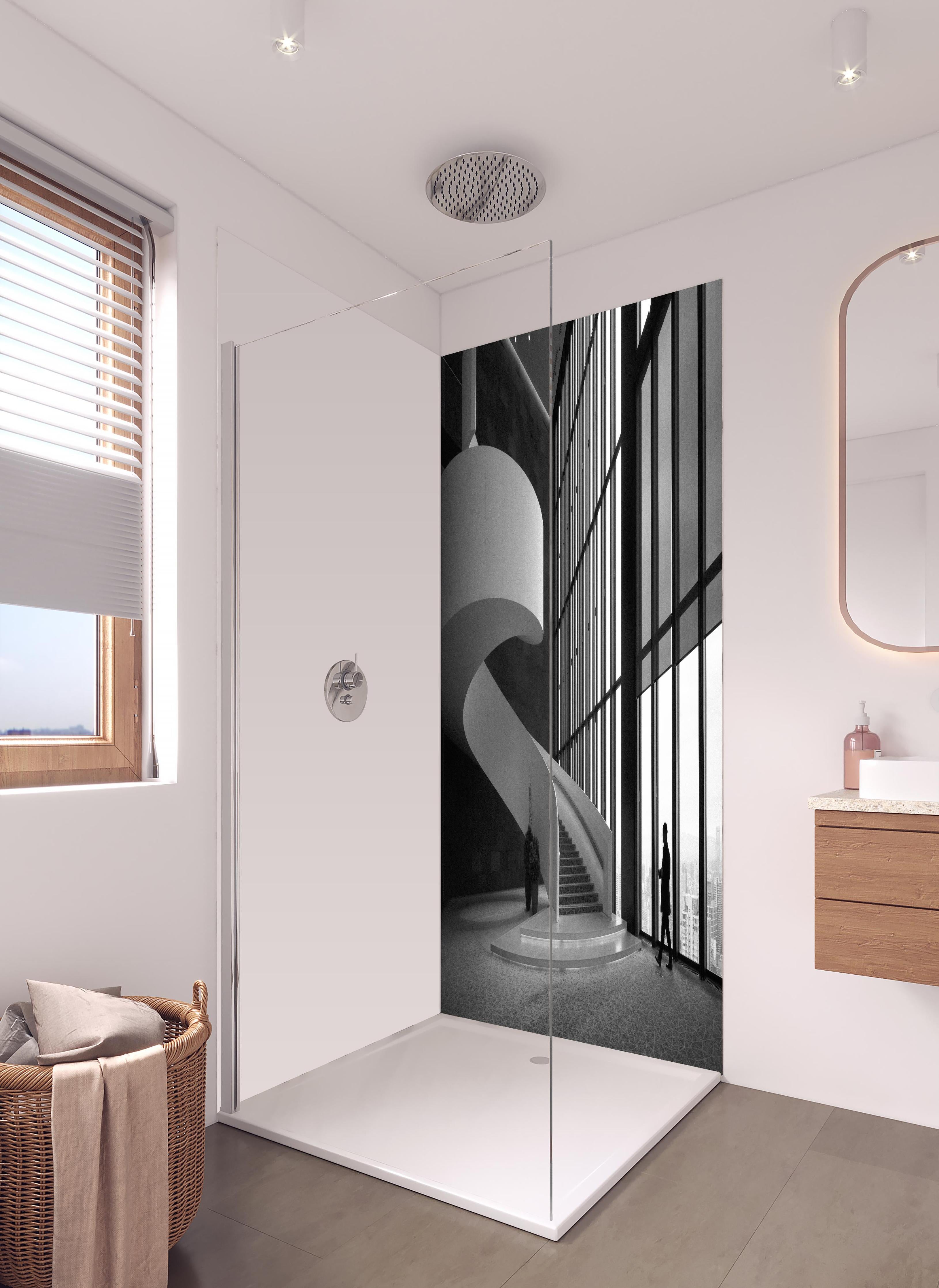 Duschrückwand - Conrad Osaka in hellem Badezimmer mit Regenduschkopf - zweiteilige Eck-Duschrückwand