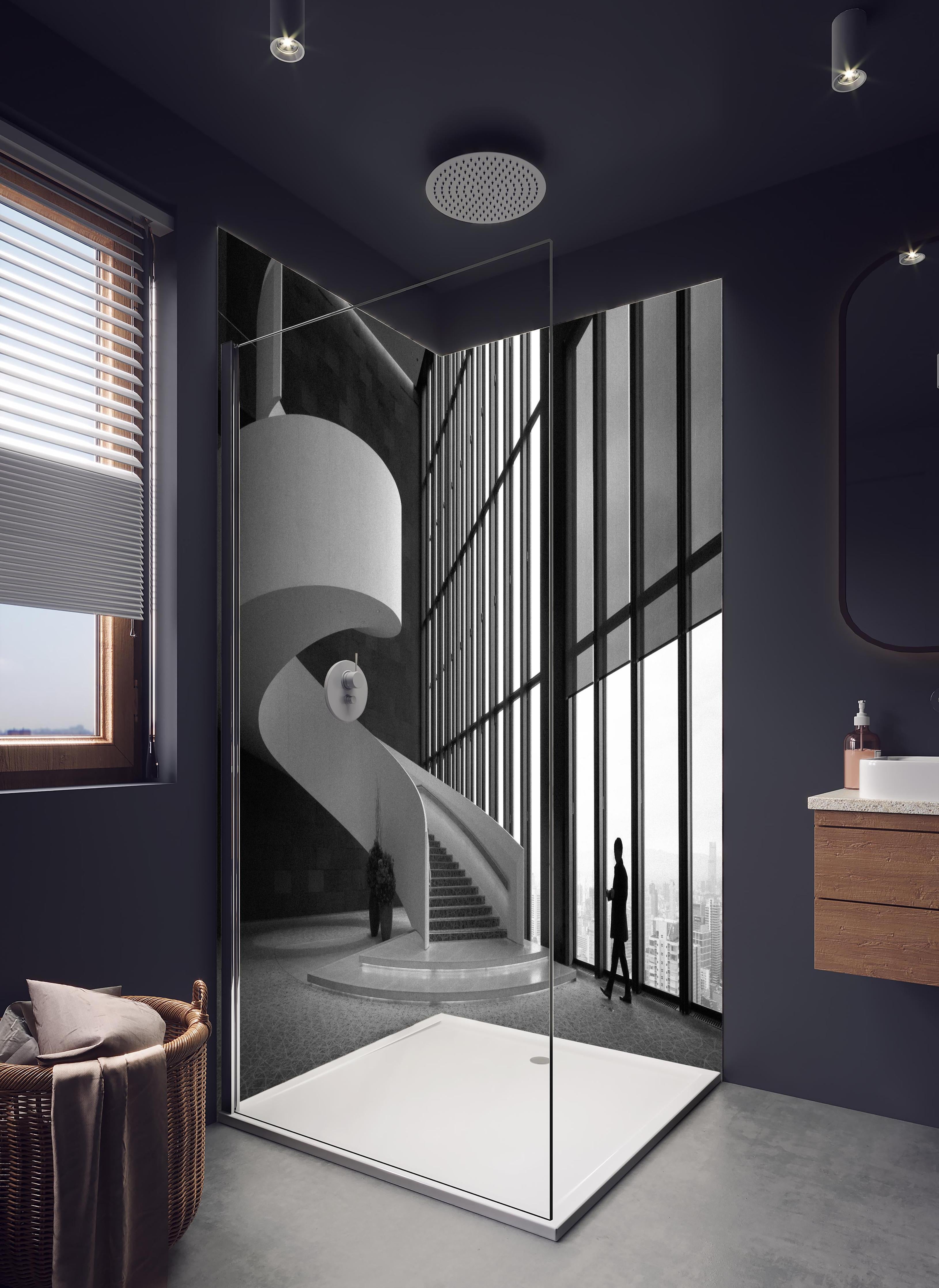 Duschrückwand - Conrad Osaka in hellem Badezimmer mit Regenduschkopf - zweiteilige Eck-Duschrückwand