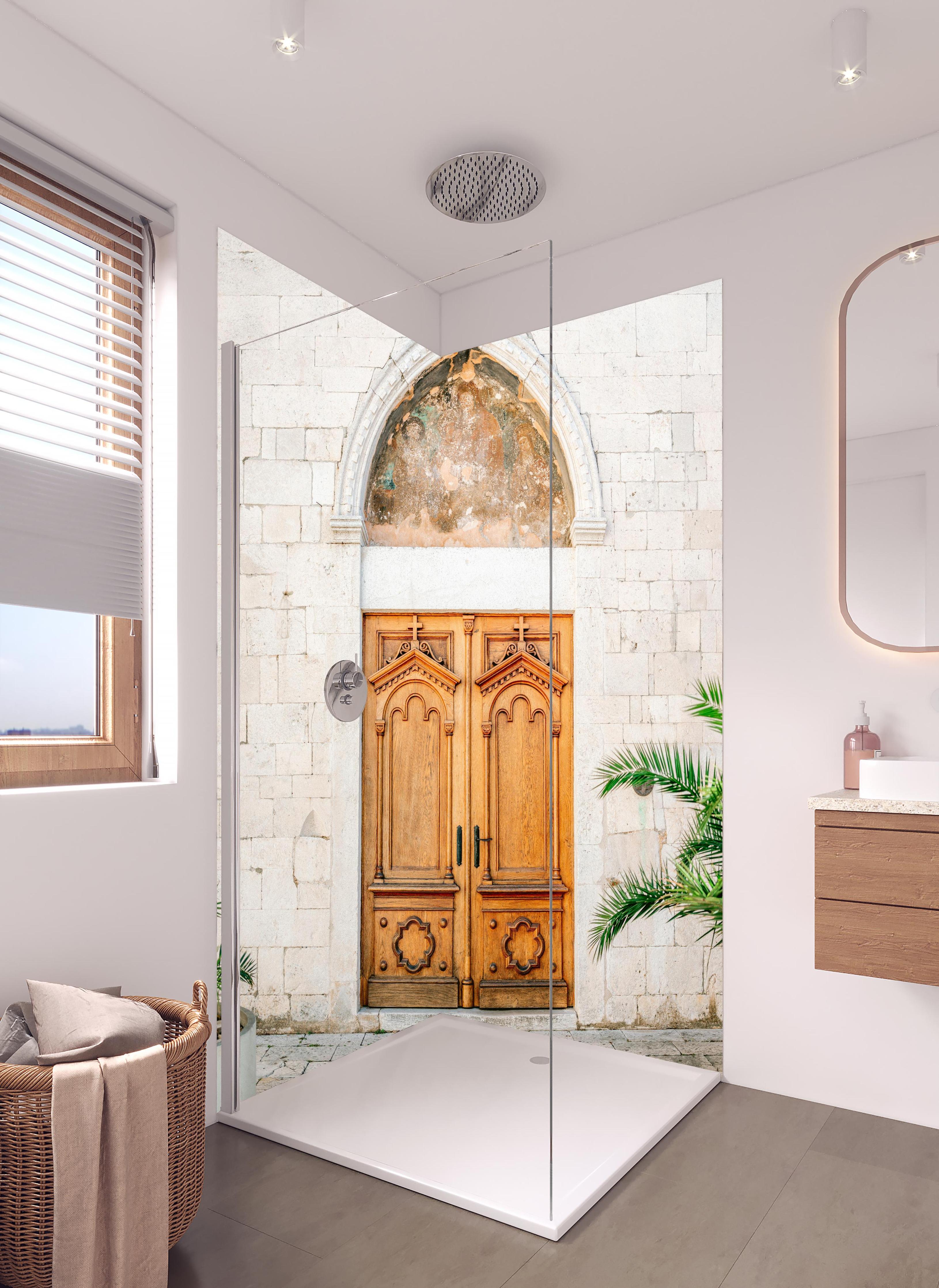 Duschrückwand - Croatian Door in hellem Badezimmer mit Regenduschkopf - zweiteilige Eck-Duschrückwand