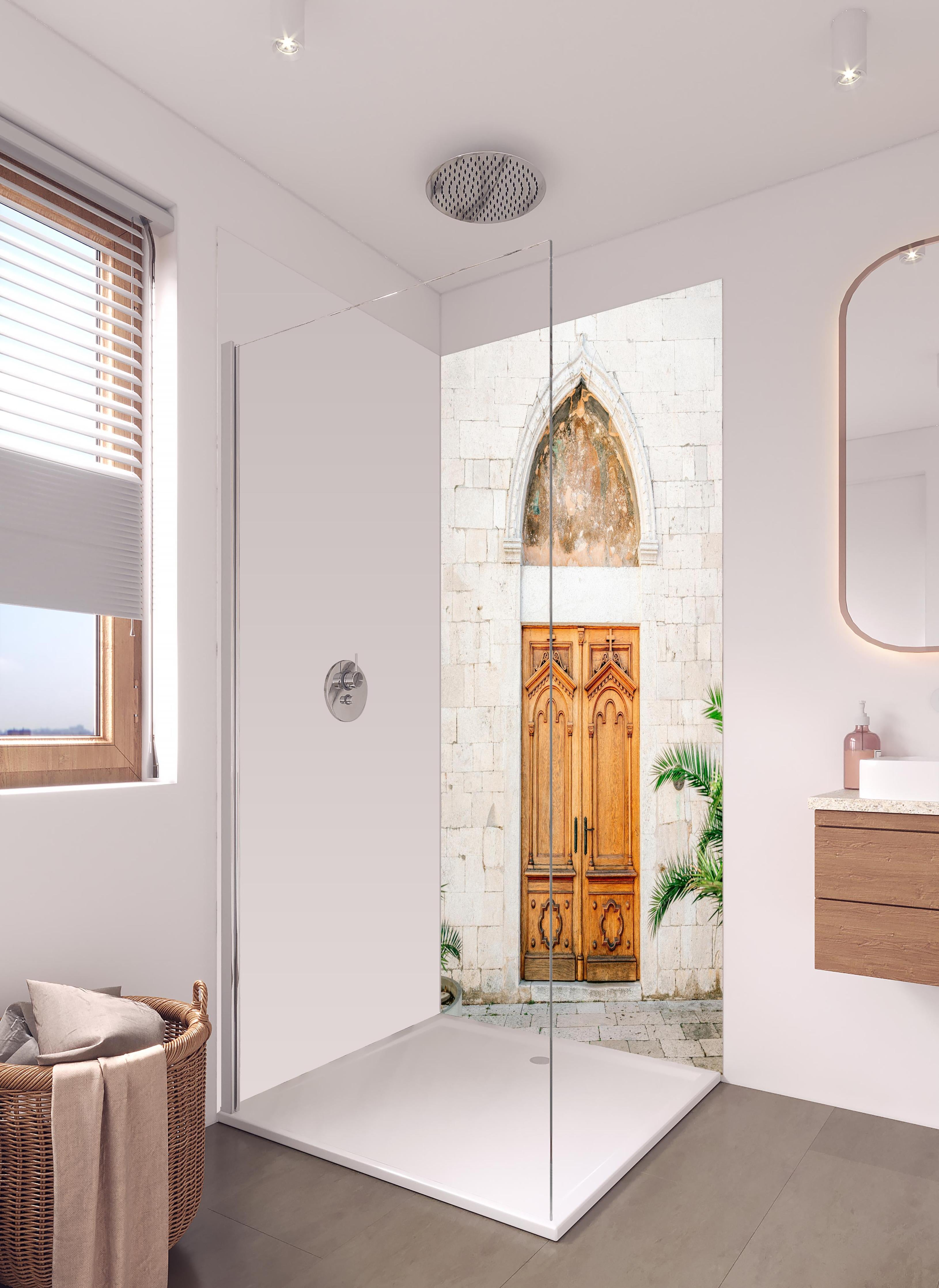 Duschrückwand - Croatian Door in hellem Badezimmer mit Regenduschkopf - zweiteilige Eck-Duschrückwand
