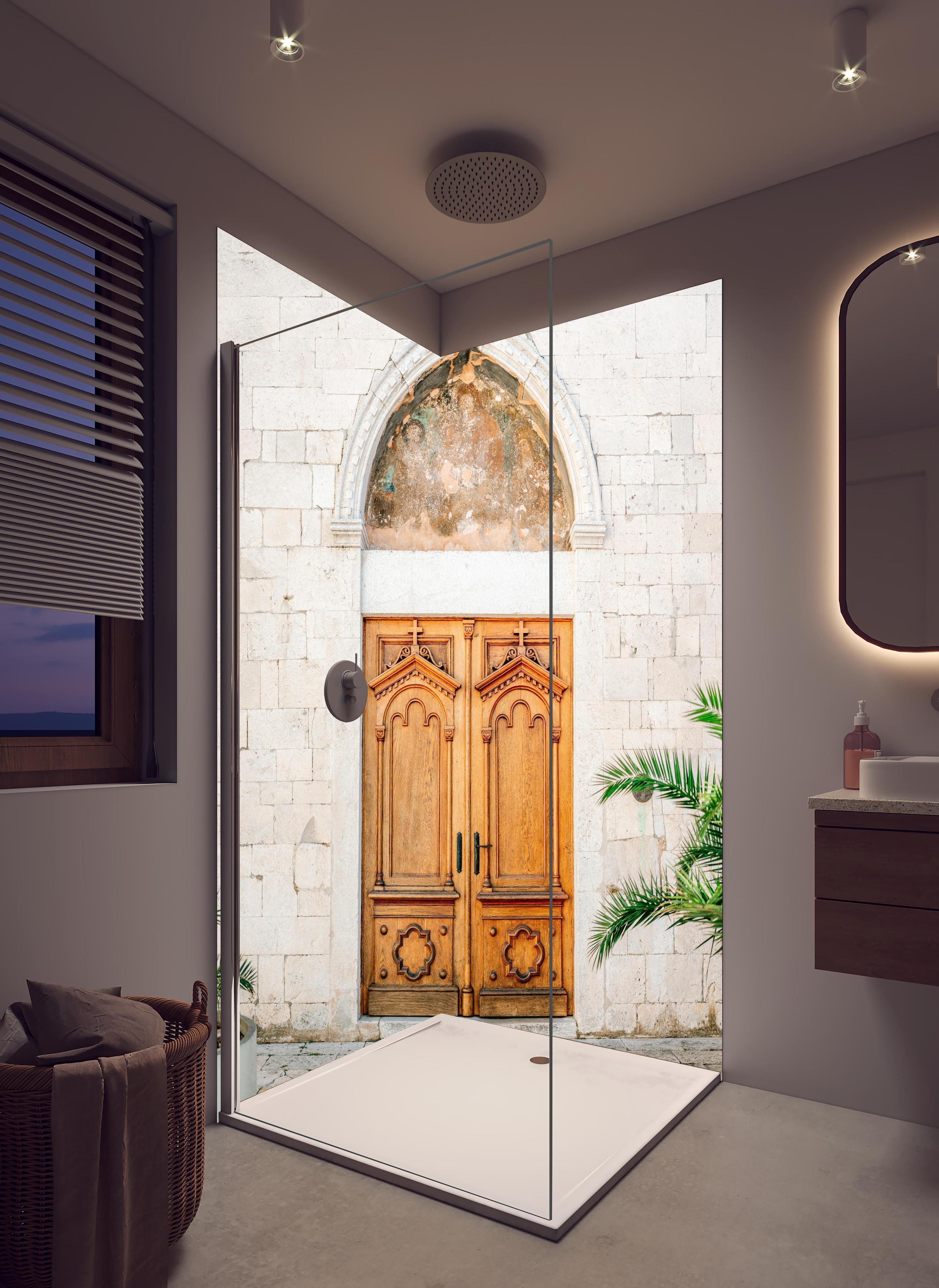 Duschrückwand - Croatian Door in hellem Badezimmer mit Regenduschkopf - zweiteilige Eck-Duschrückwand