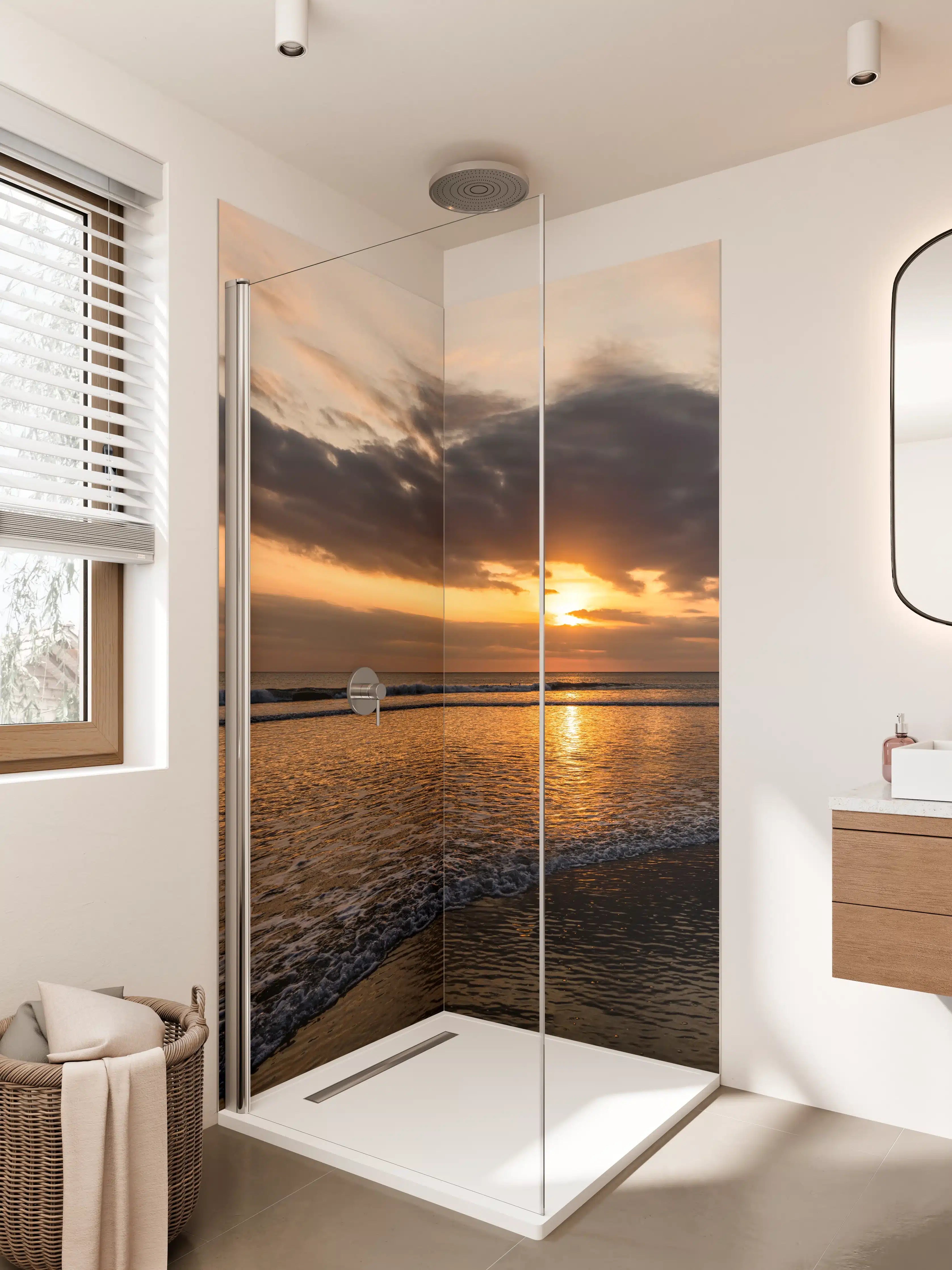 Duschrückwand - Dämmerung am Meer mit warmen Farbtönen