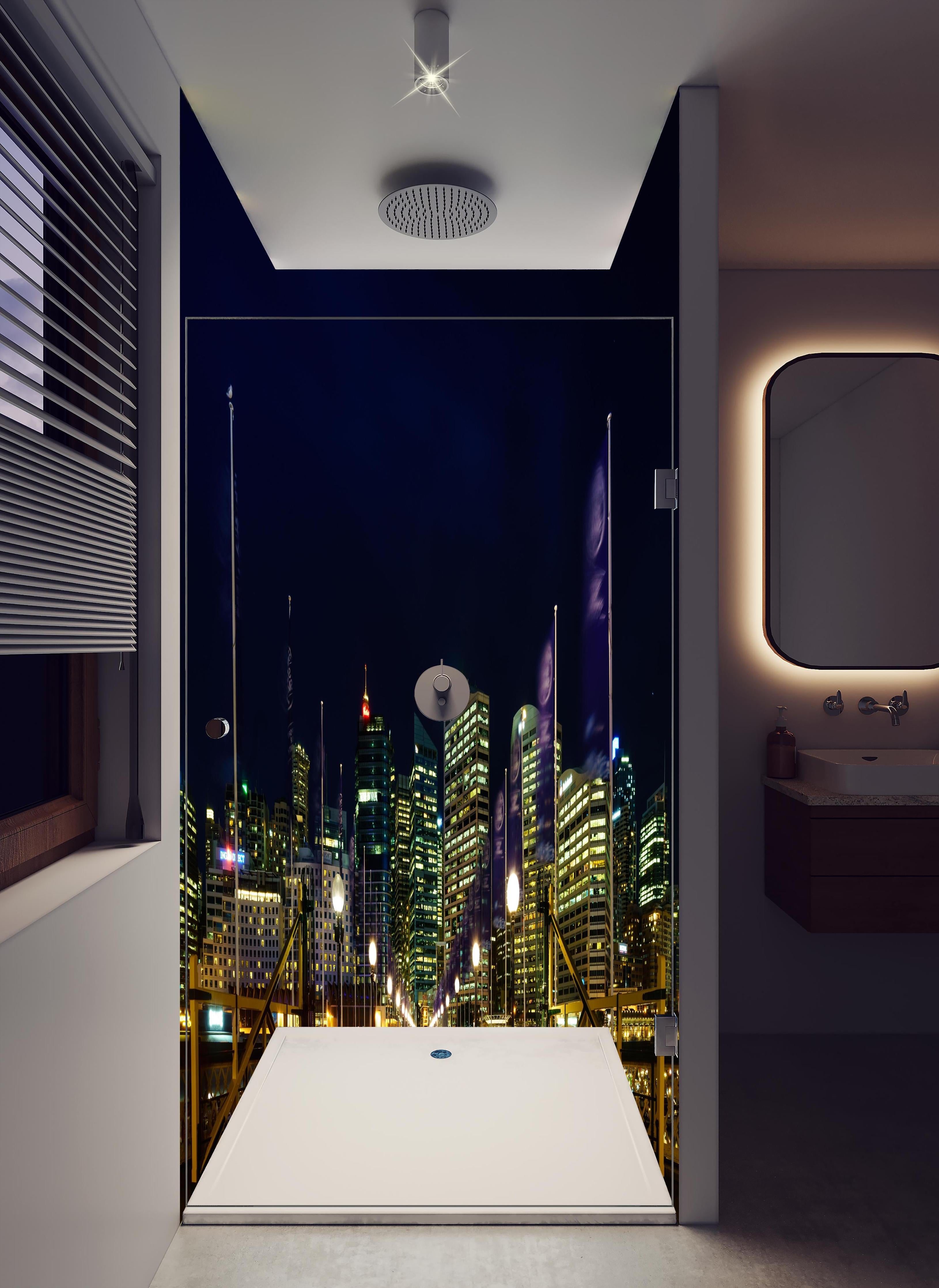 Duschrückwand - Darling Harbour bei Nacht in hellem Badezimmer mit Regenduschkopf - zweiteilige Eck-Duschrückwand