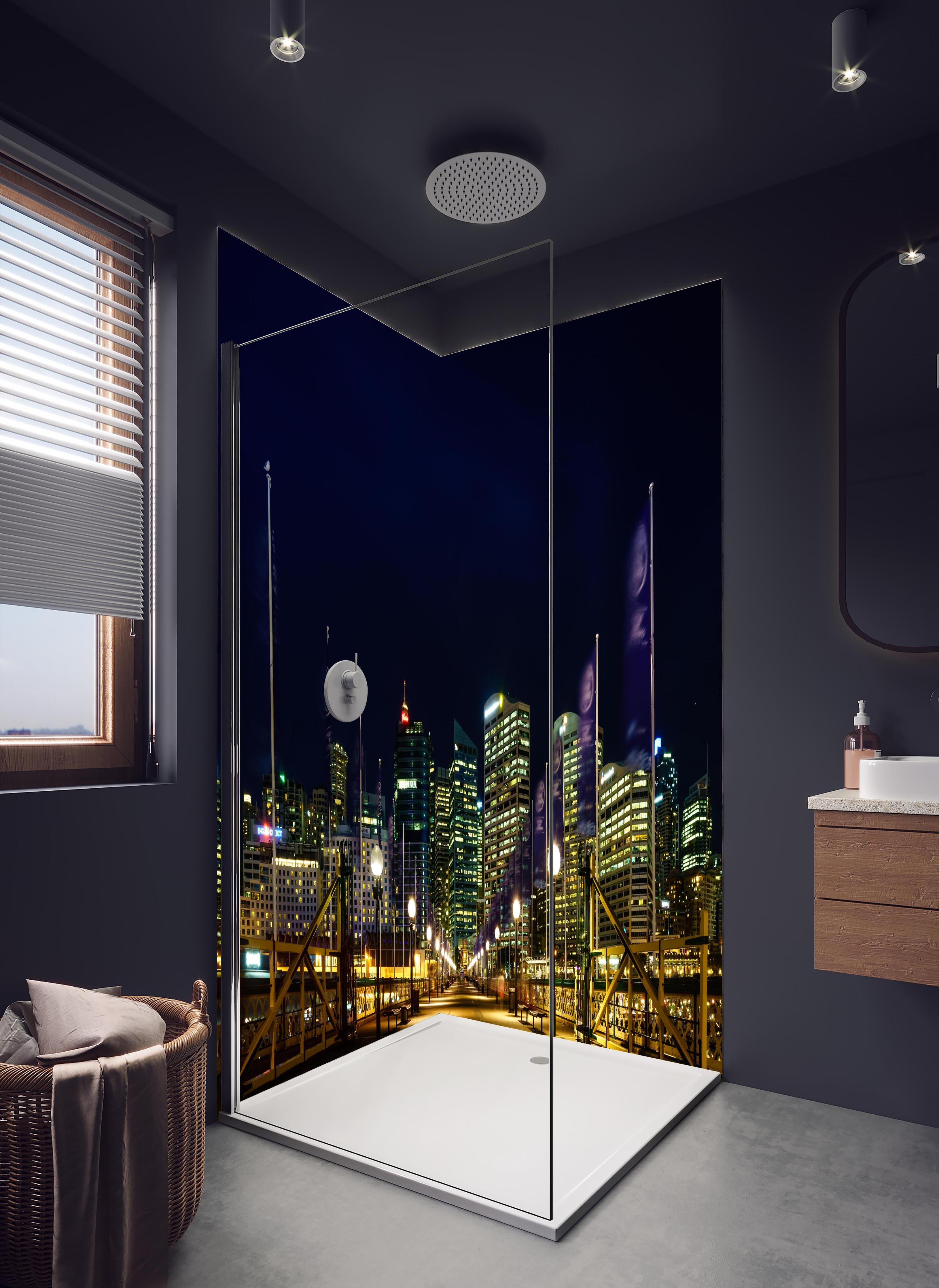 Duschrückwand - Darling Harbour bei Nacht in hellem Badezimmer mit Regenduschkopf - zweiteilige Eck-Duschrückwand