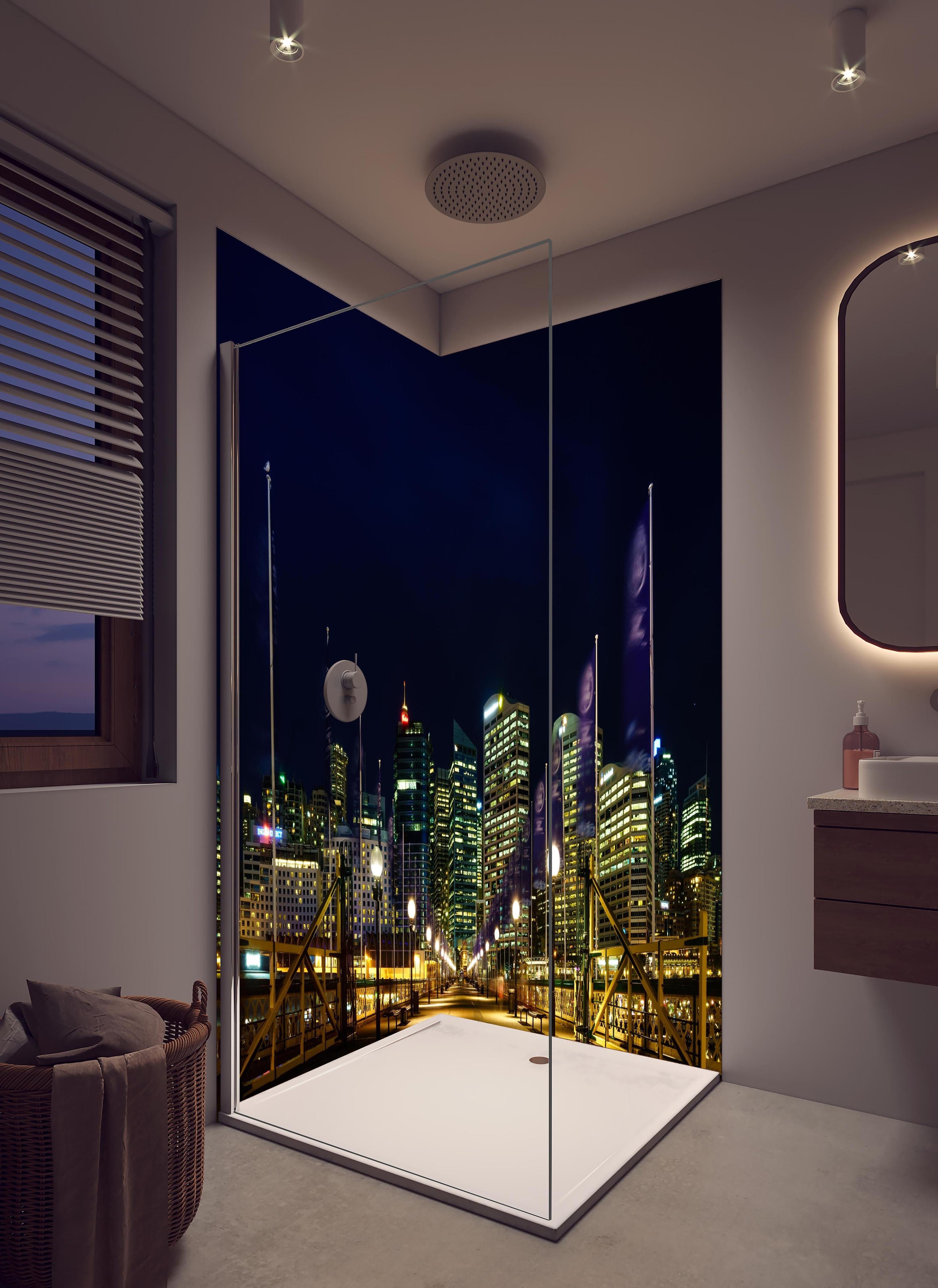 Duschrückwand - Darling Harbour bei Nacht in hellem Badezimmer mit Regenduschkopf - zweiteilige Eck-Duschrückwand