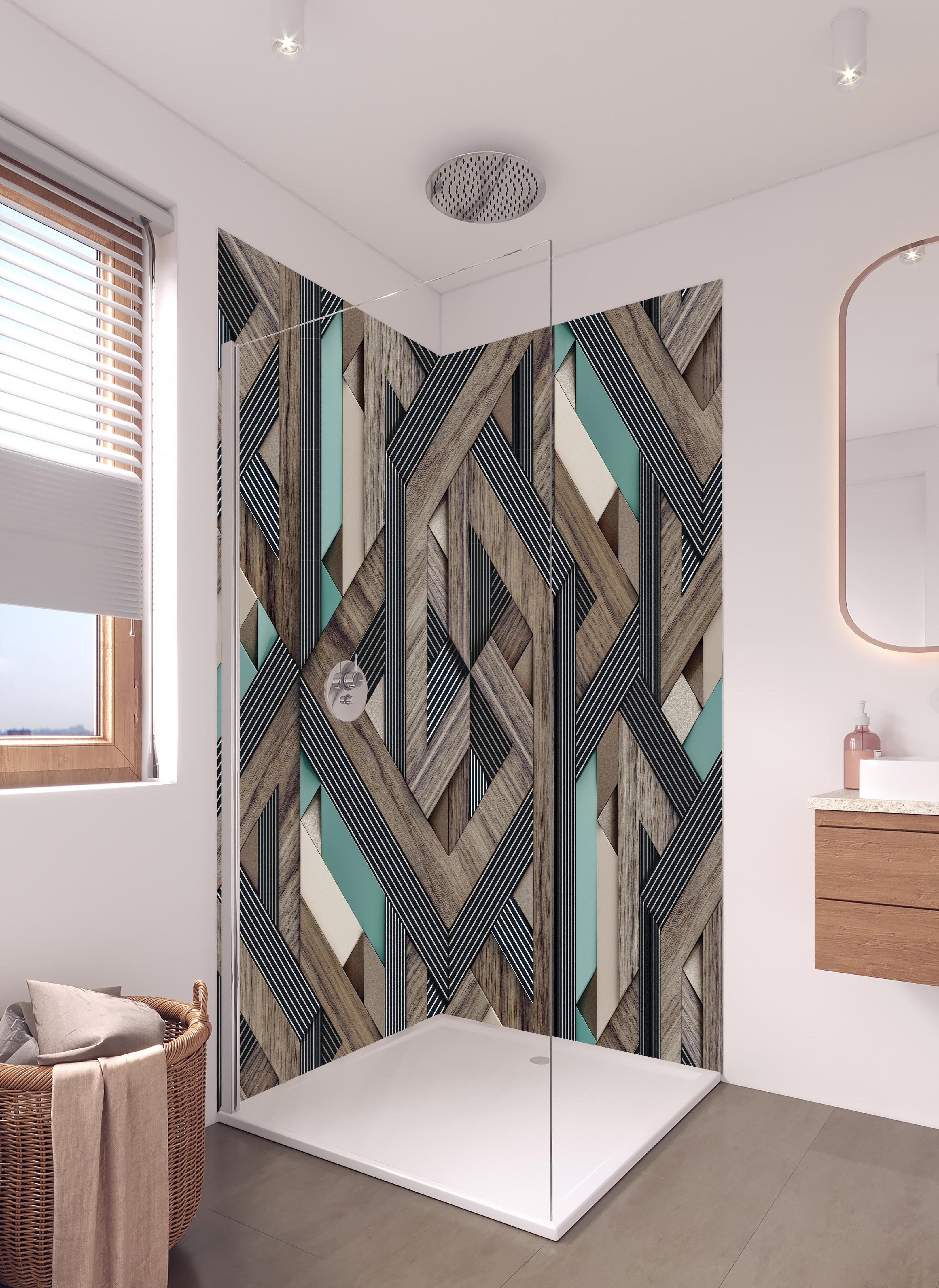 Duschrückwand - Dekorative Illustration - 3D Kunst in hellem Badezimmer mit Regenduschkopf - zweiteilige Eck-Duschrückwand