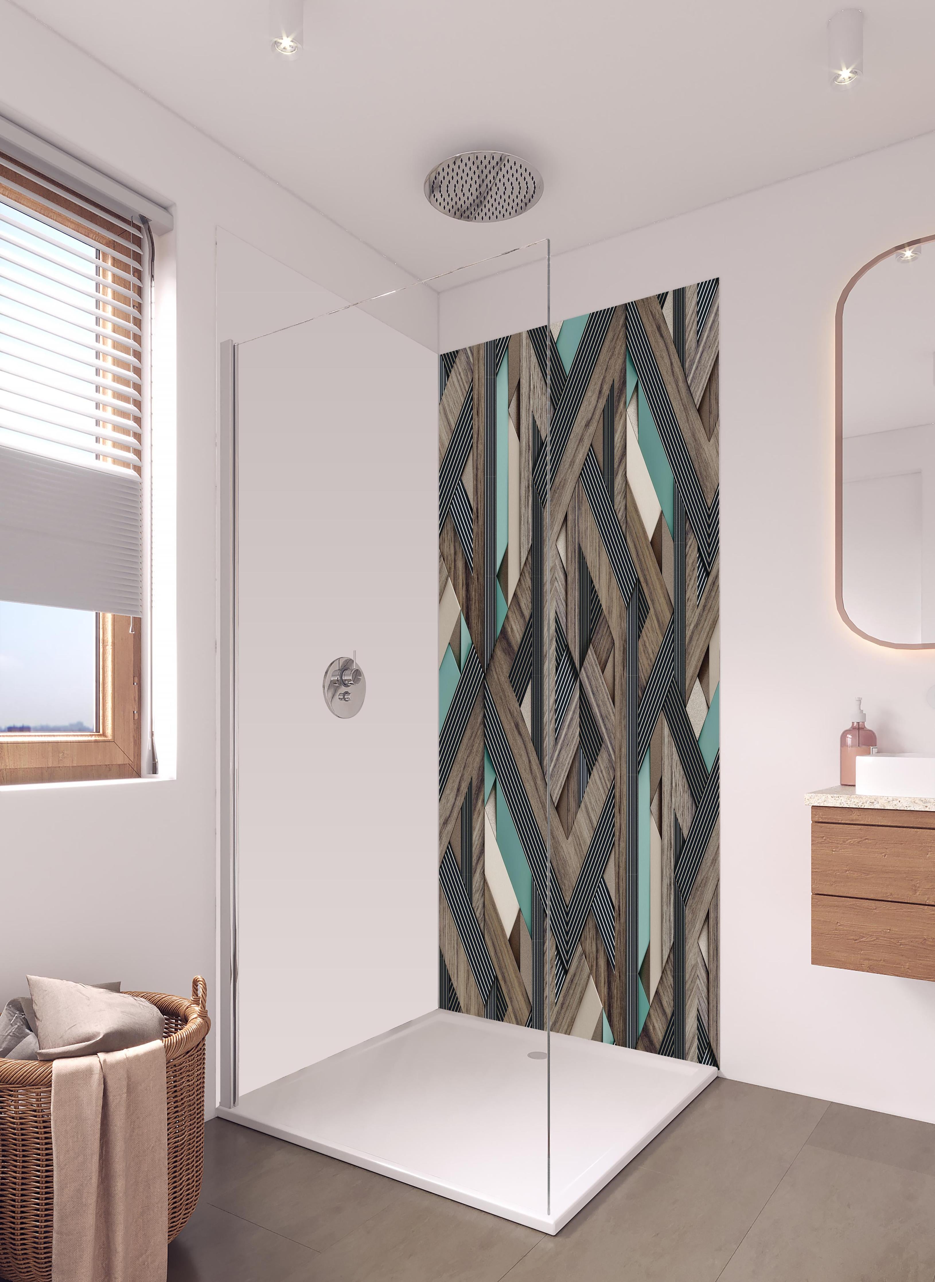 Duschrückwand - Dekorative Illustration - 3D Kunst in hellem Badezimmer mit Regenduschkopf - zweiteilige Eck-Duschrückwand