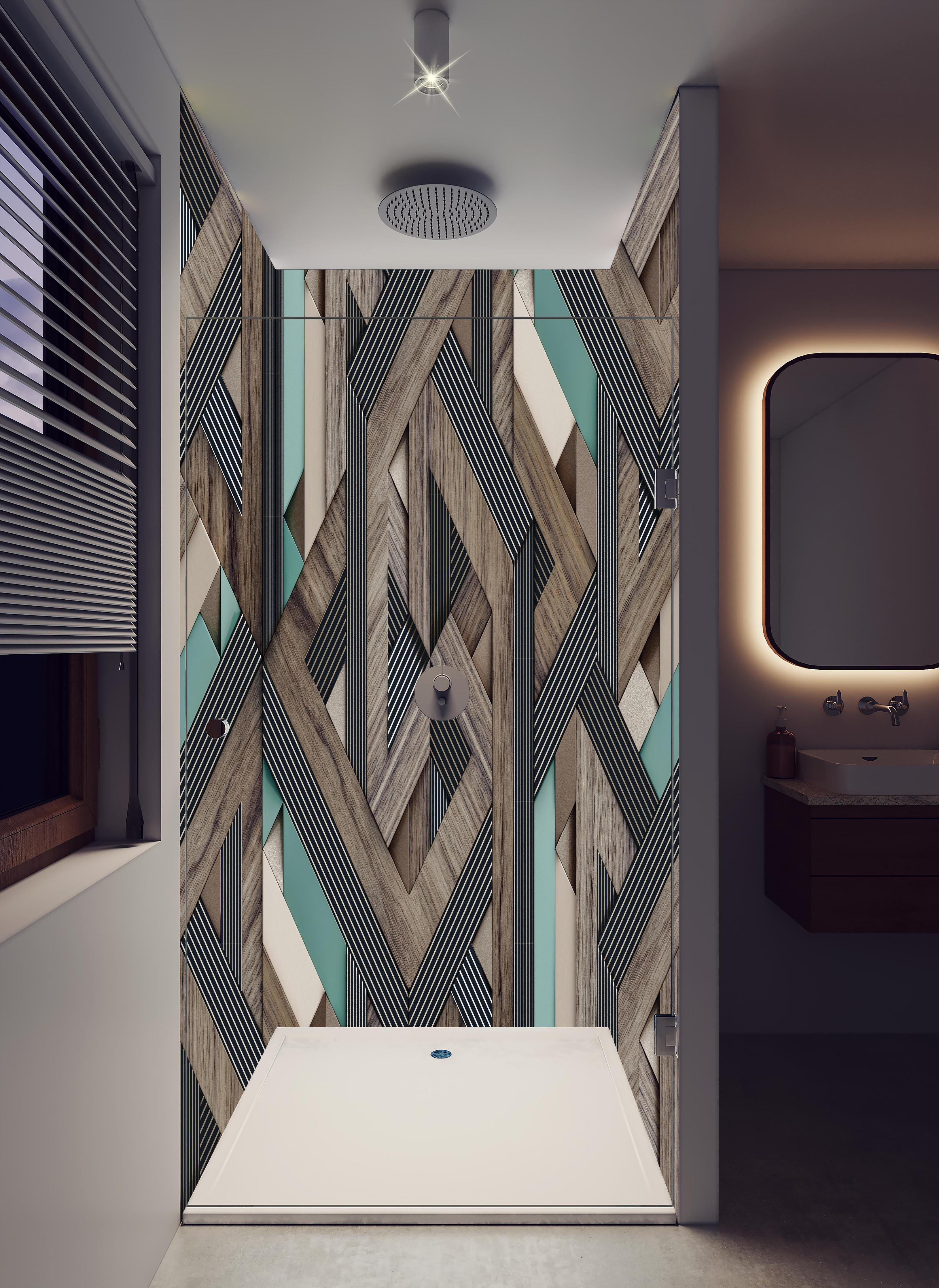 Duschrückwand - Dekorative Illustration - 3D Kunst in hellem Badezimmer mit Regenduschkopf - zweiteilige Eck-Duschrückwand