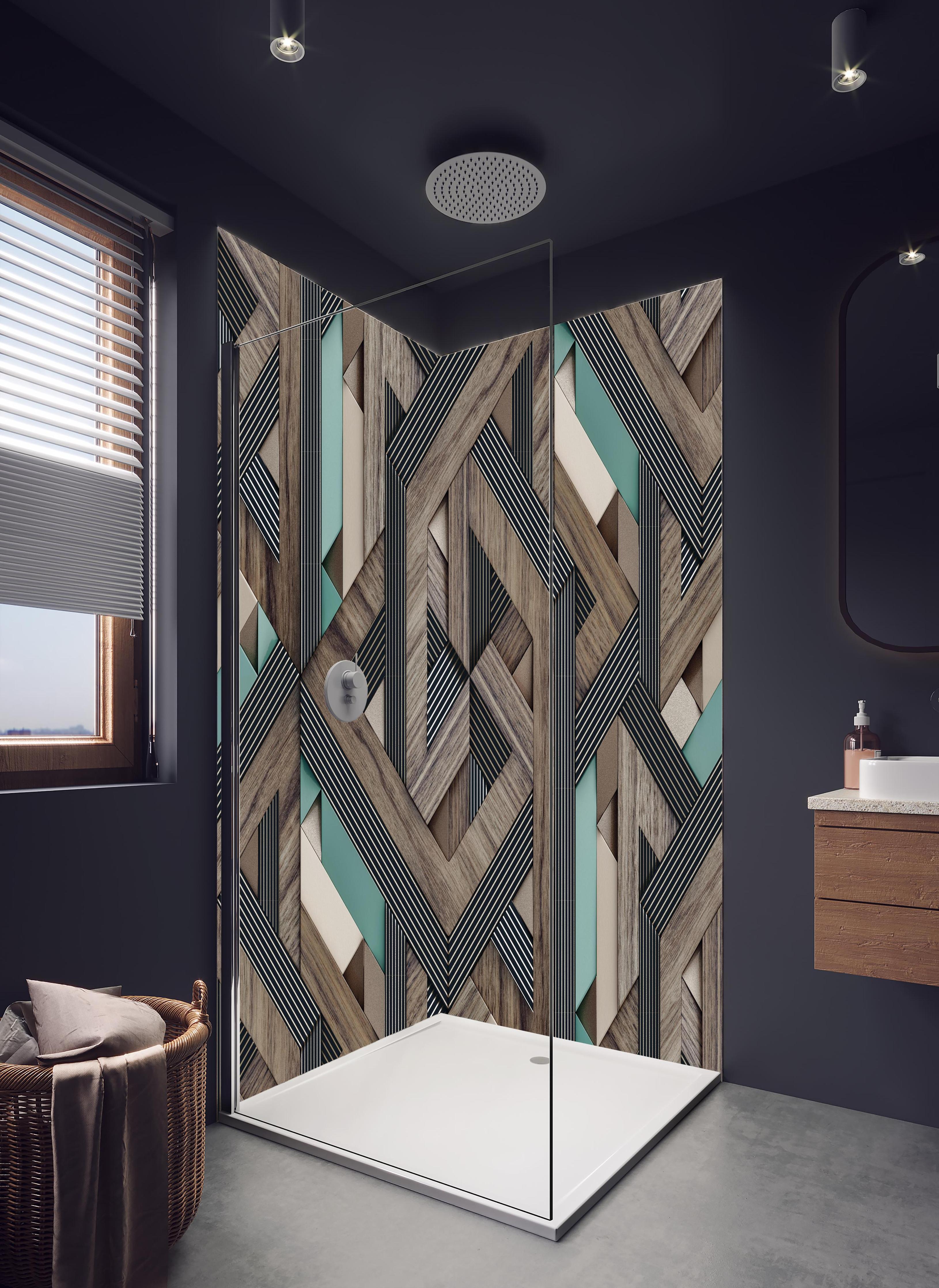 Duschrückwand - Dekorative Illustration - 3D Kunst in hellem Badezimmer mit Regenduschkopf - zweiteilige Eck-Duschrückwand