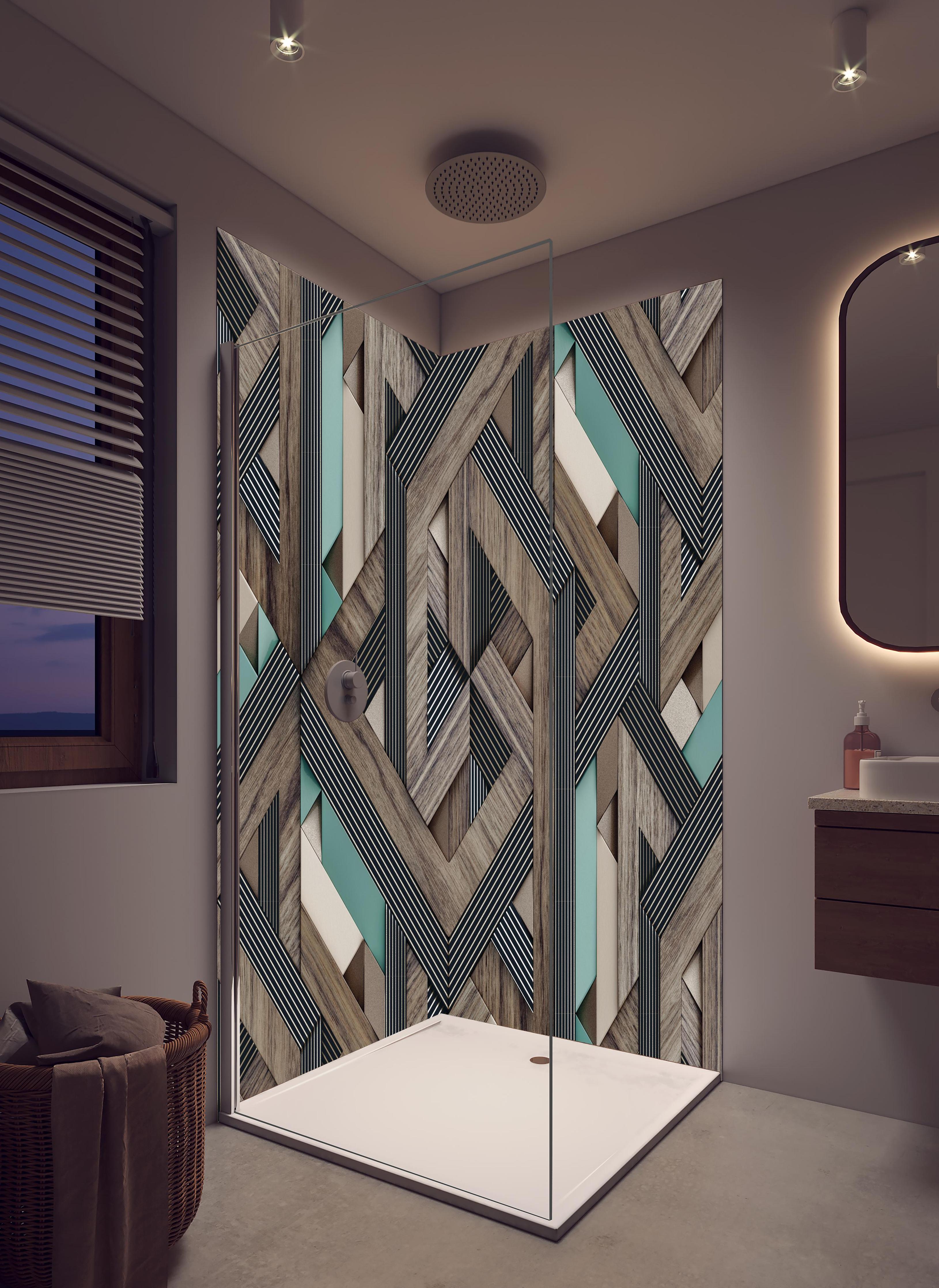 Duschrückwand - Dekorative Illustration - 3D Kunst in hellem Badezimmer mit Regenduschkopf - zweiteilige Eck-Duschrückwand