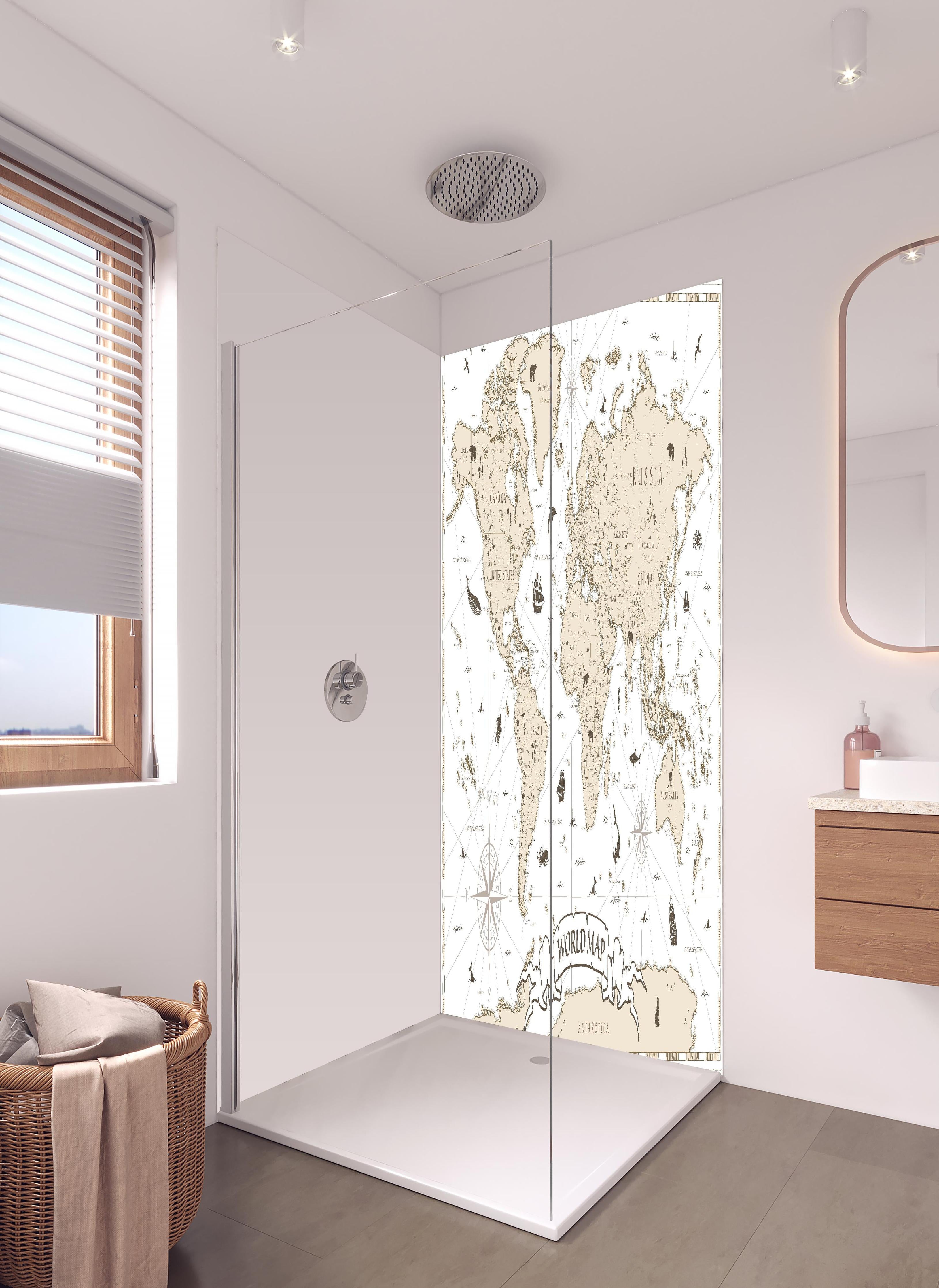 Duschrückwand - Dekorative Weltkarte im Vintage Sepia-Stil in hellem Badezimmer mit Regenduschkopf - zweiteilige Eck-Duschrückwand