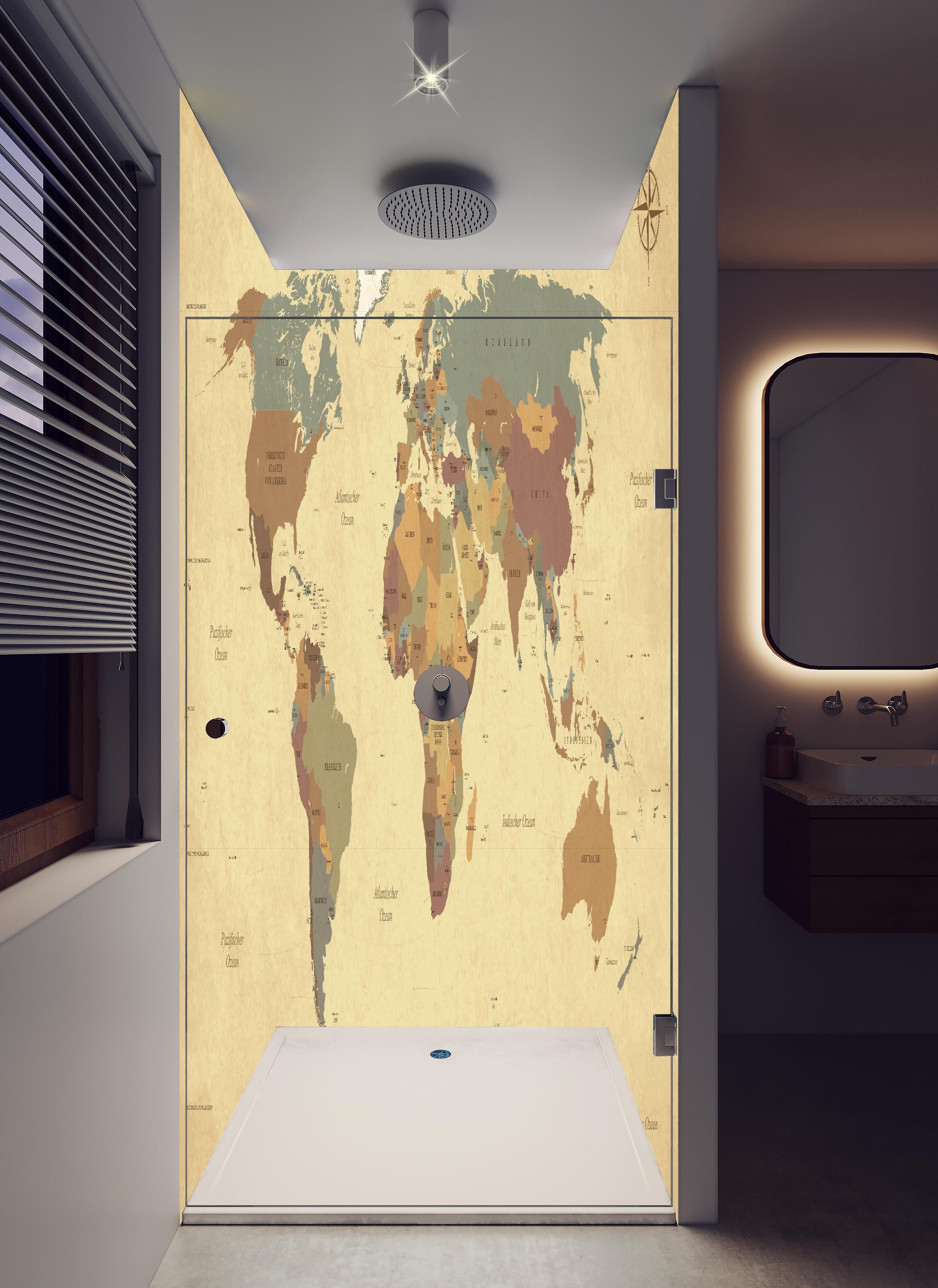 Duschrückwand - Dekorative alte Weltkarte mit Farbakzenten in hellem Badezimmer mit Regenduschkopf - zweiteilige Eck-Duschrückwand
