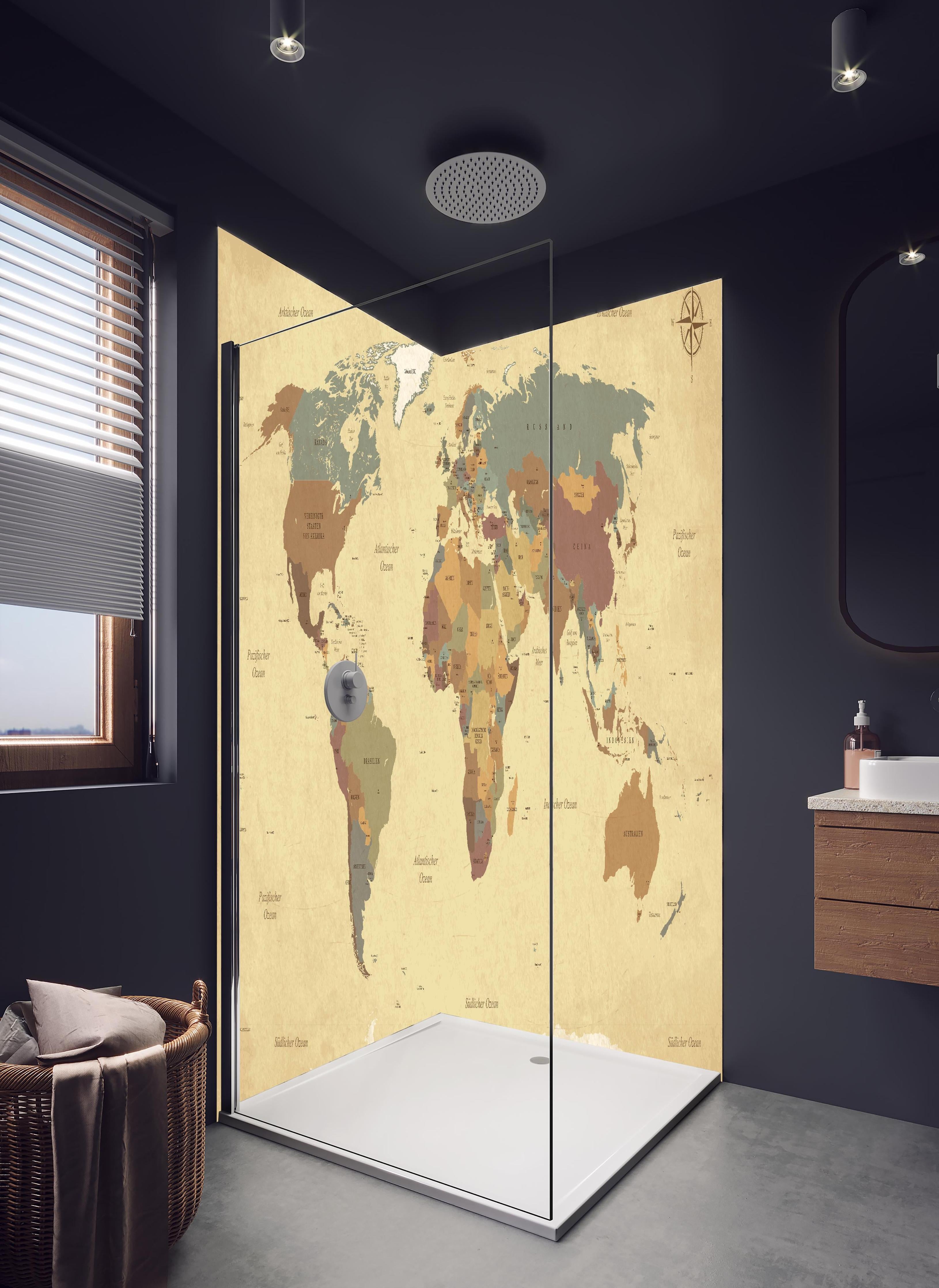 Duschrückwand - Dekorative alte Weltkarte mit Farbakzenten in hellem Badezimmer mit Regenduschkopf - zweiteilige Eck-Duschrückwand