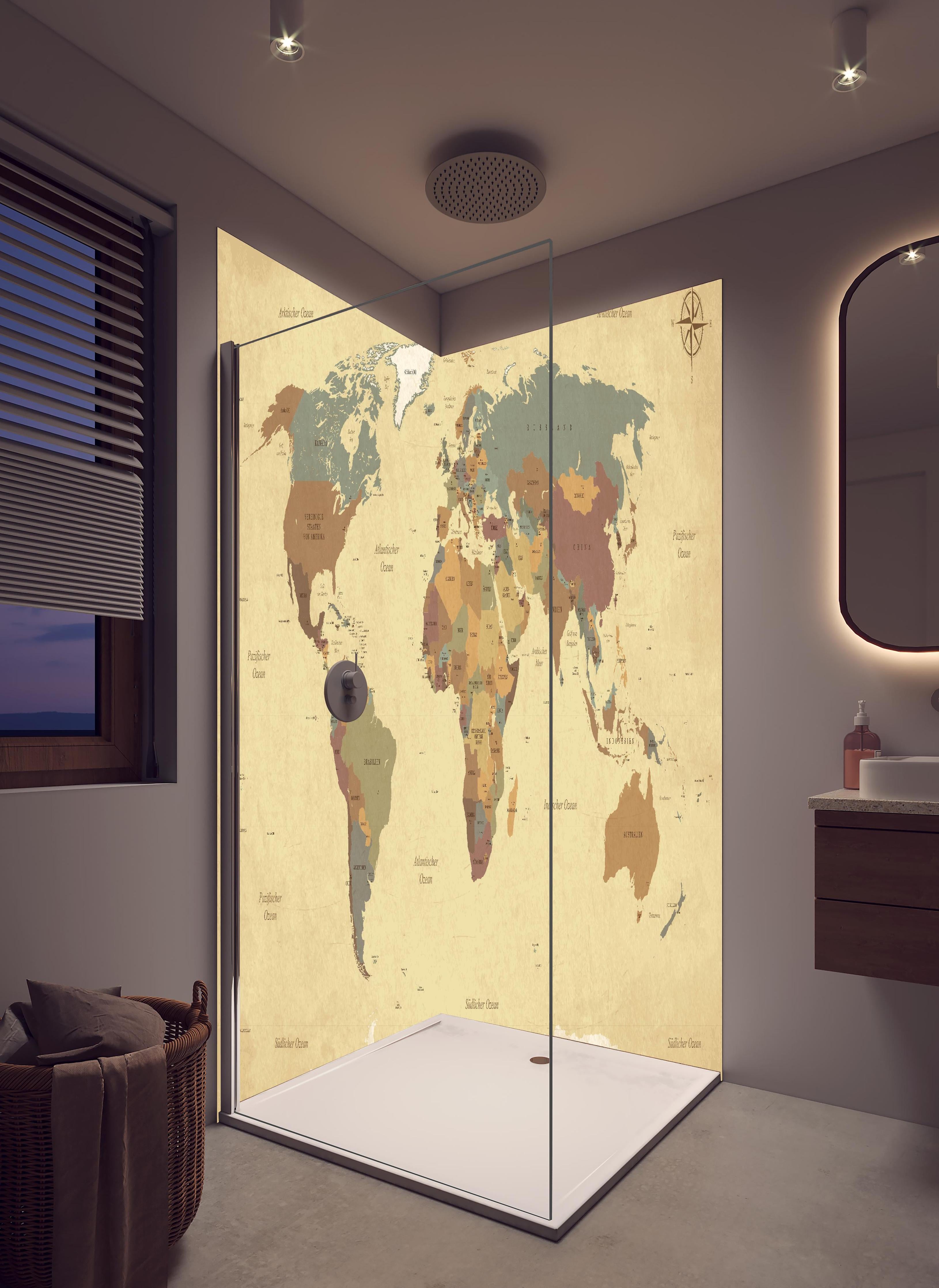 Duschrückwand - Dekorative alte Weltkarte mit Farbakzenten in hellem Badezimmer mit Regenduschkopf - zweiteilige Eck-Duschrückwand