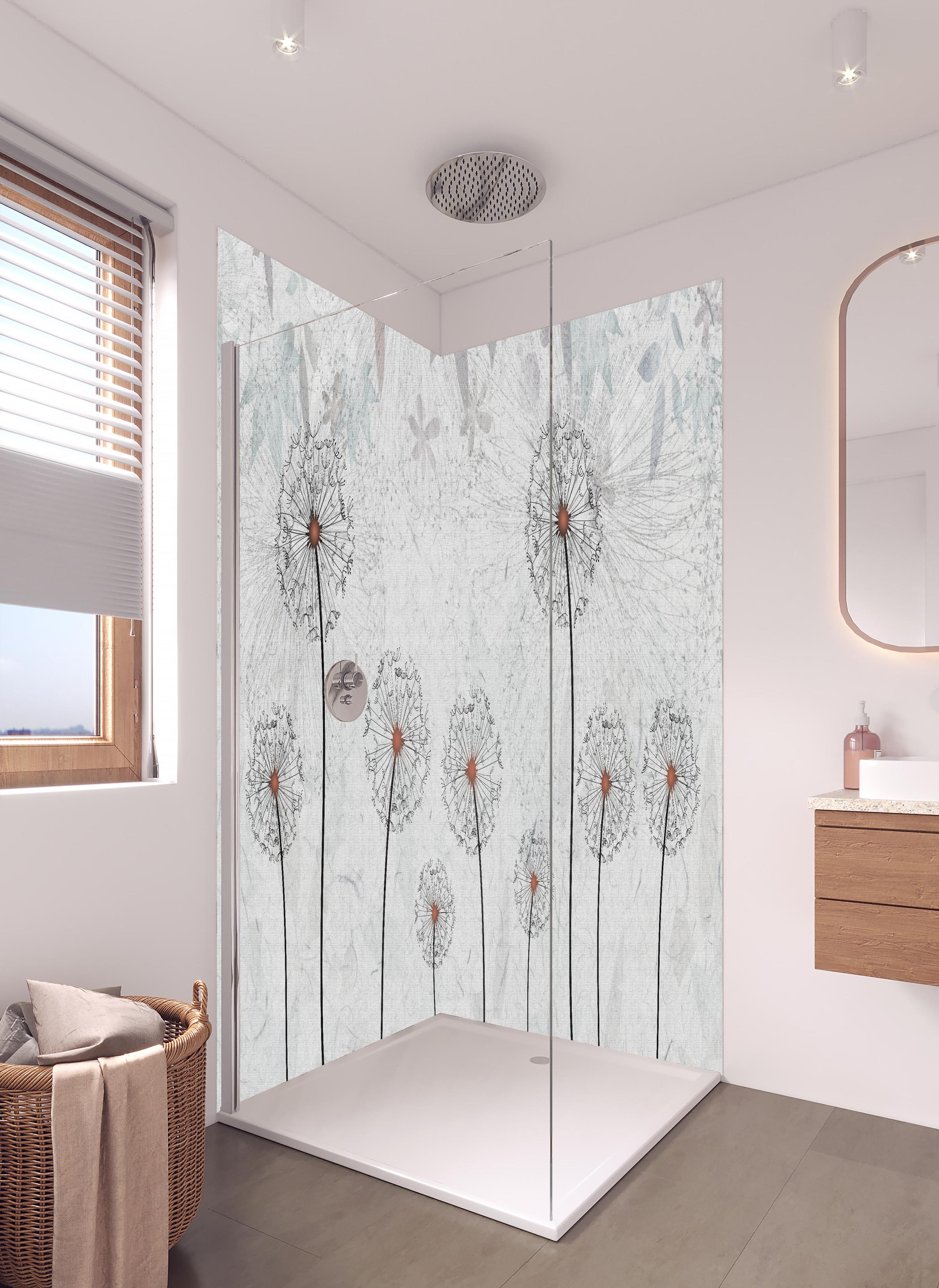 Duschrückwand - Dekoratives Löwenzahn Gemälde in hellem Badezimmer mit Regenduschkopf - zweiteilige Eck-Duschrückwand