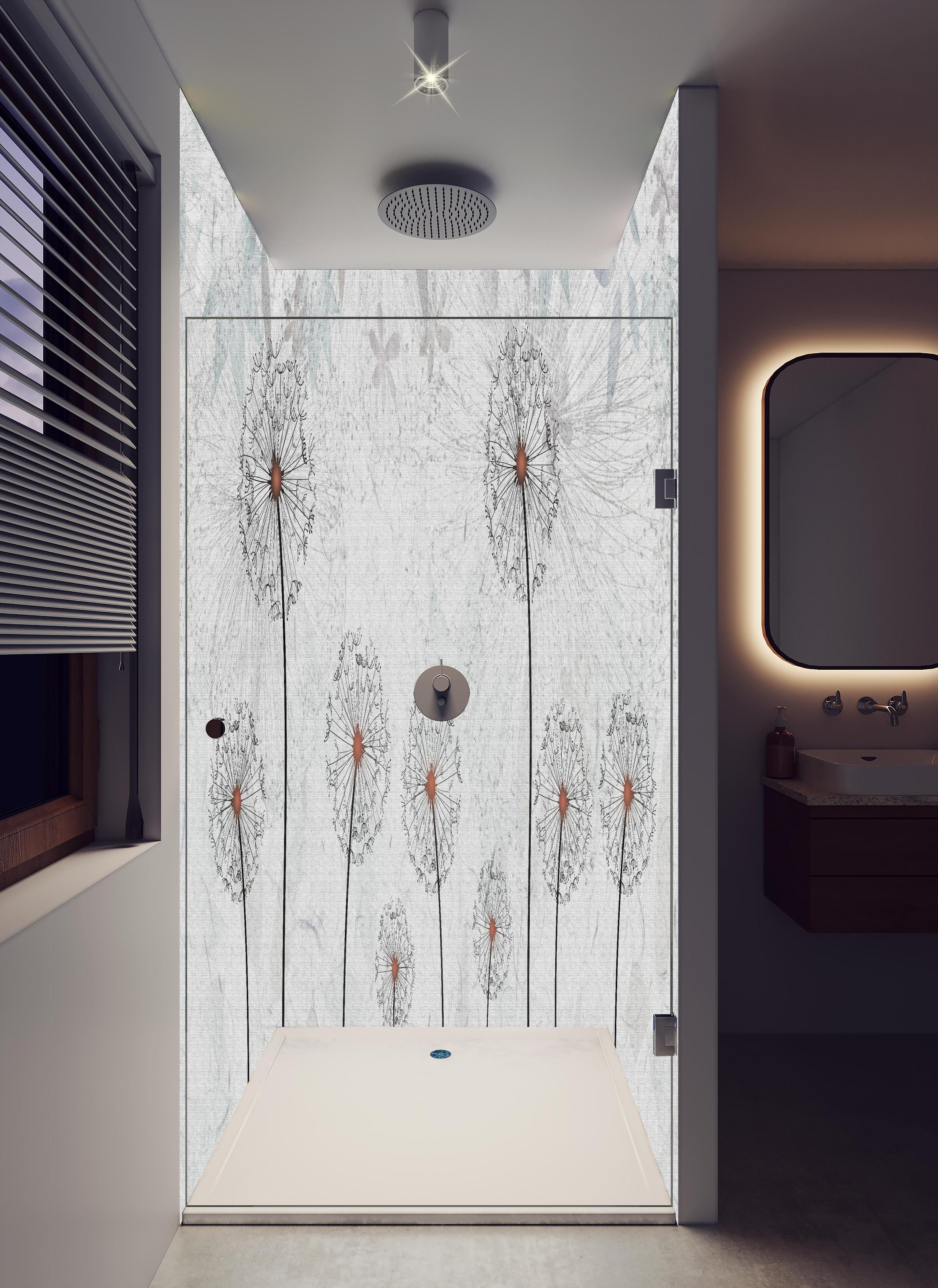 Duschrückwand - Dekoratives Löwenzahn Gemälde in hellem Badezimmer mit Regenduschkopf - zweiteilige Eck-Duschrückwand