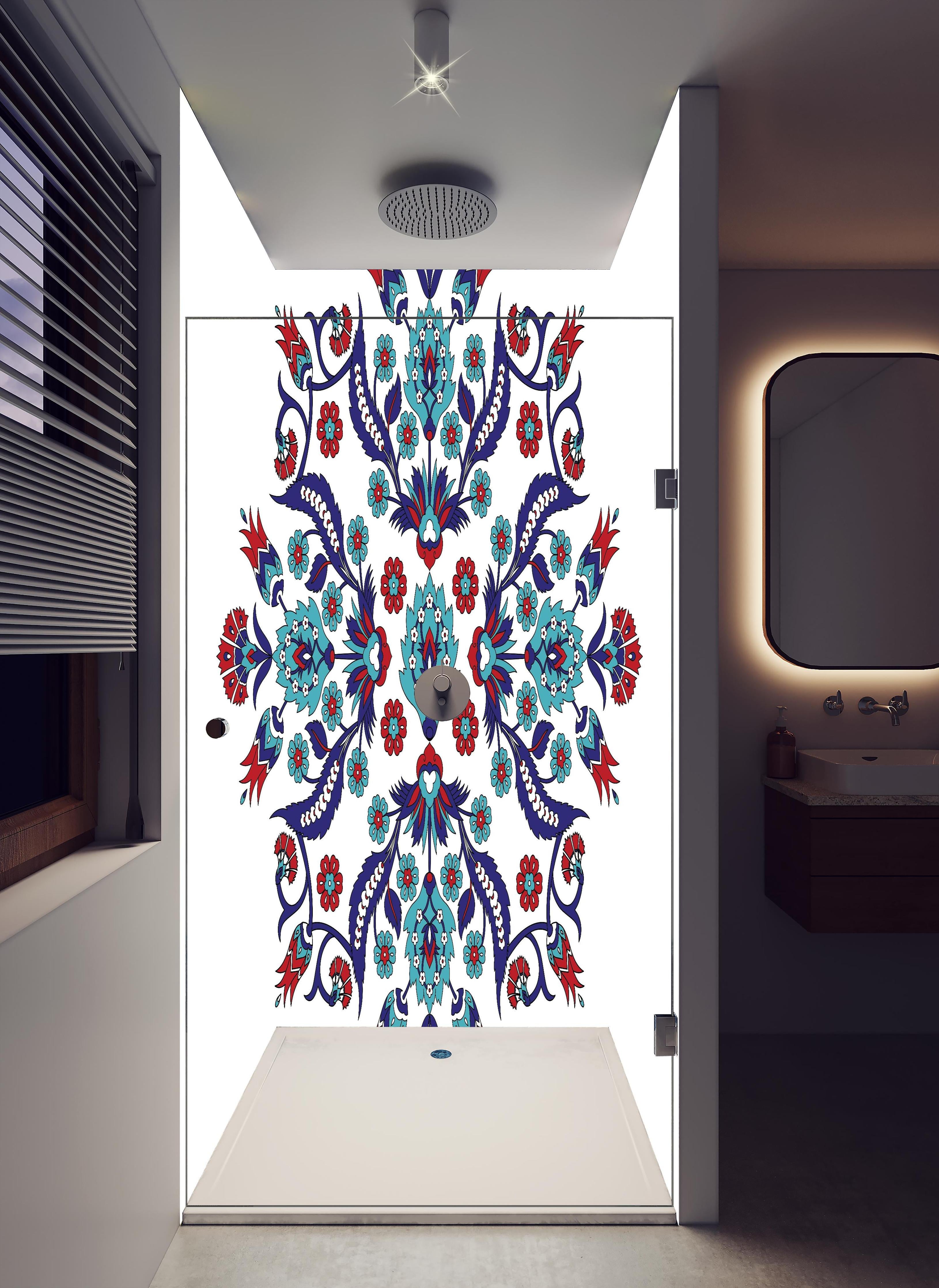 Duschrückwand - Dekoratives Mandala in Blau und Rot in hellem Badezimmer mit Regenduschkopf - zweiteilige Eck-Duschrückwand