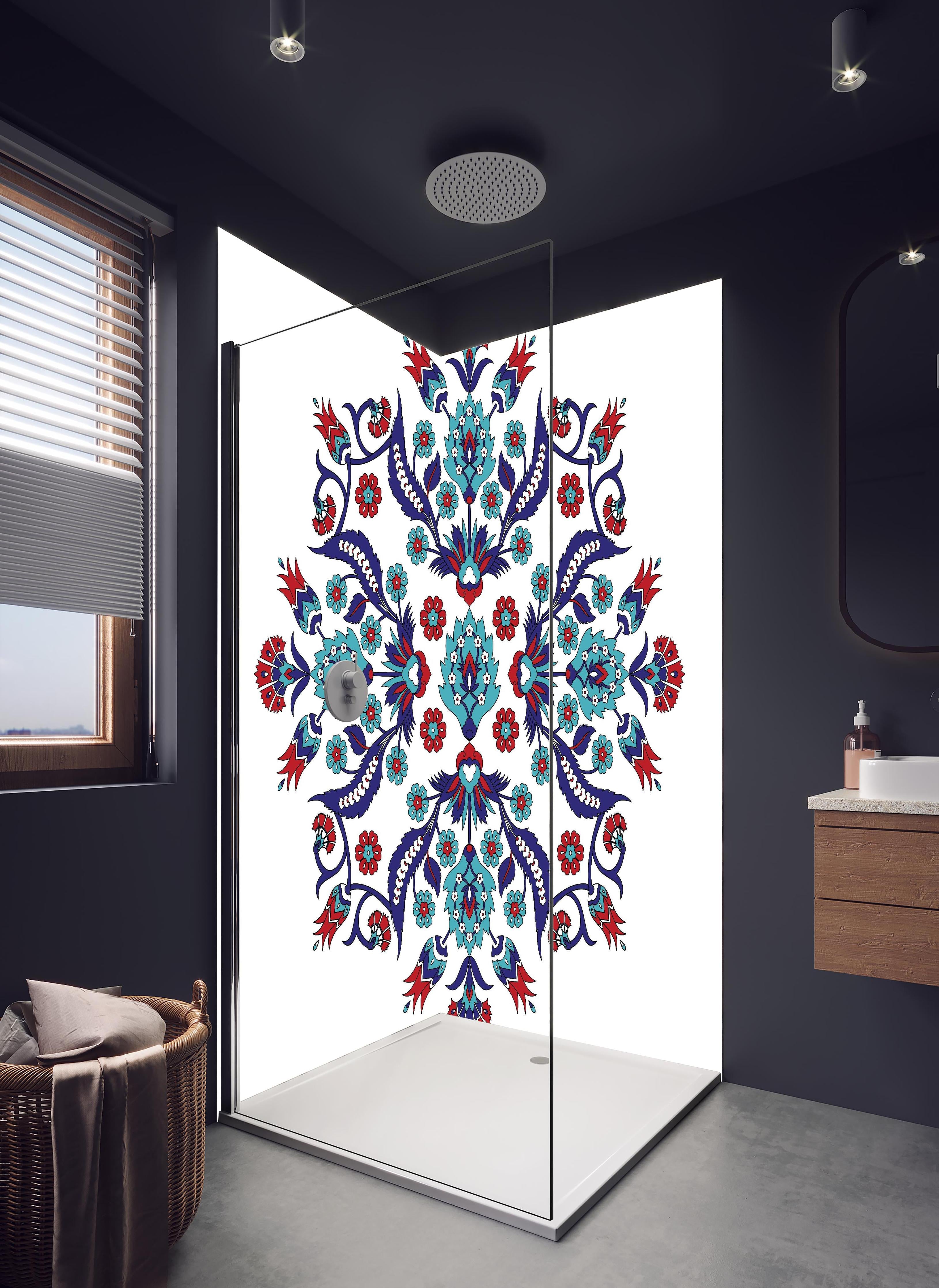 Duschrückwand - Dekoratives Mandala in Blau und Rot in hellem Badezimmer mit Regenduschkopf - zweiteilige Eck-Duschrückwand