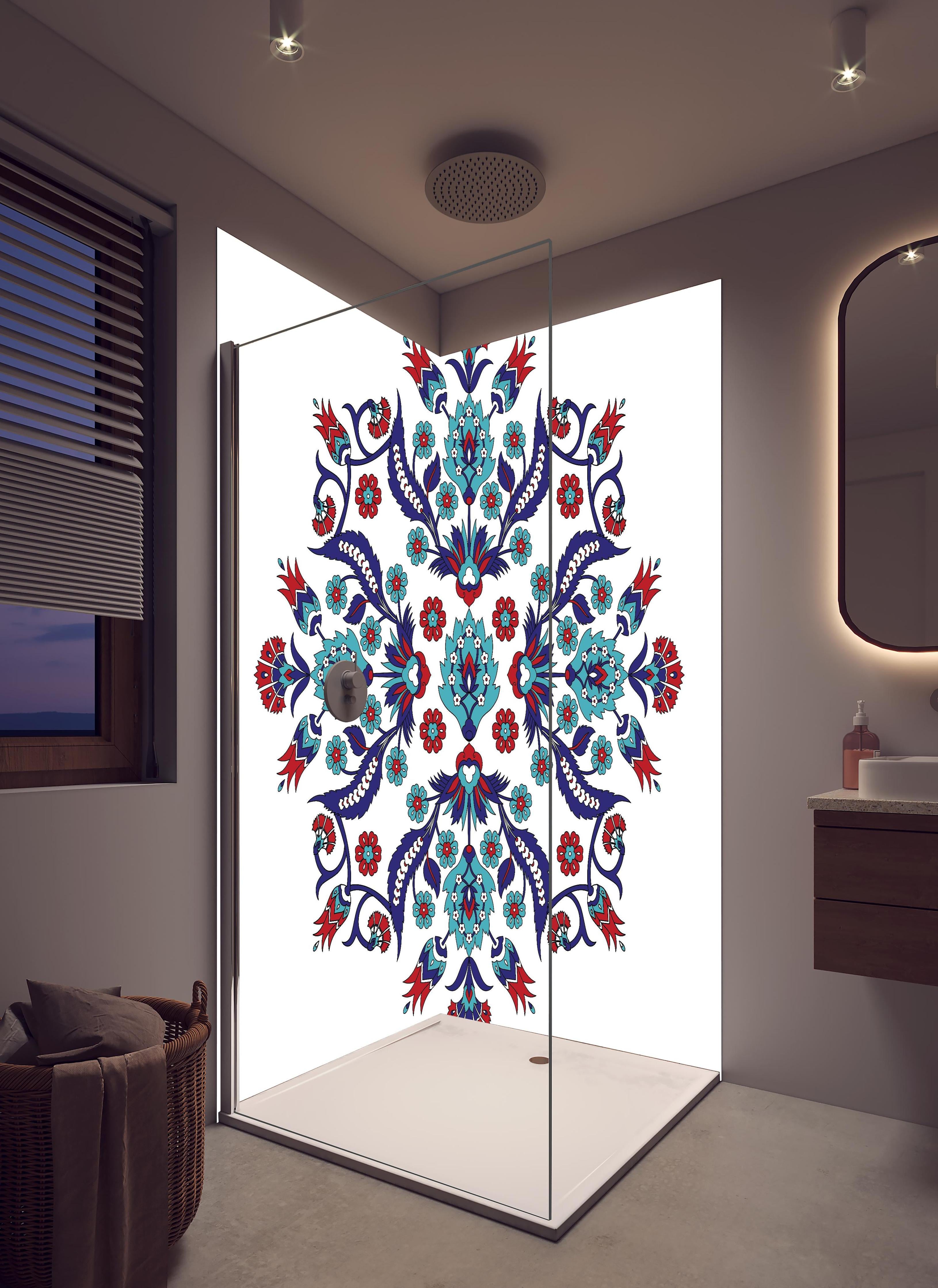 Duschrückwand - Dekoratives Mandala in Blau und Rot in hellem Badezimmer mit Regenduschkopf - zweiteilige Eck-Duschrückwand