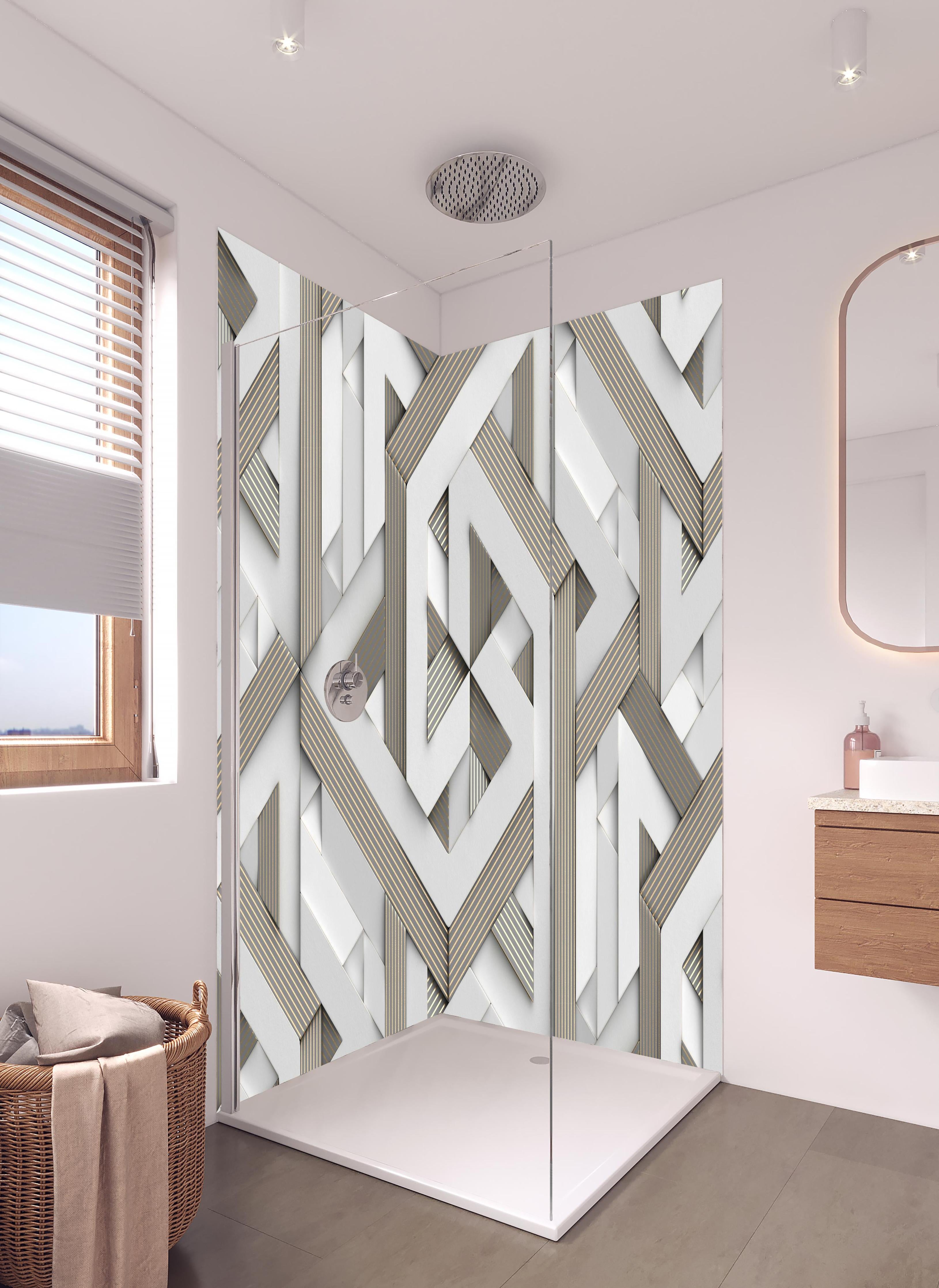 Duschrückwand - Dekoratives Mosaik Muster - 3D in hellem Badezimmer mit Regenduschkopf - zweiteilige Eck-Duschrückwand